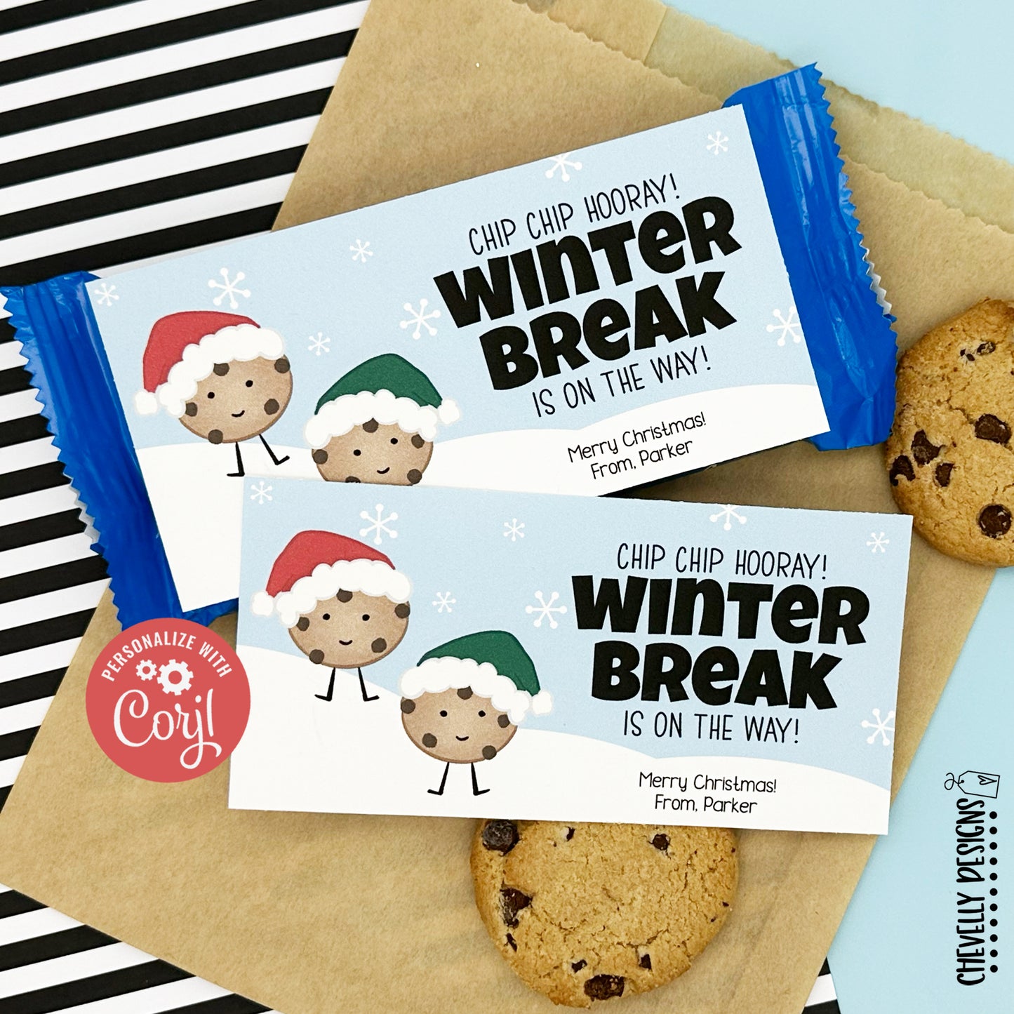 EDITABLE - Chip Chip Hooray Winter Break Is On The Way - Chocolate Chip Cookie Gift Tags for Classmates - Digital File