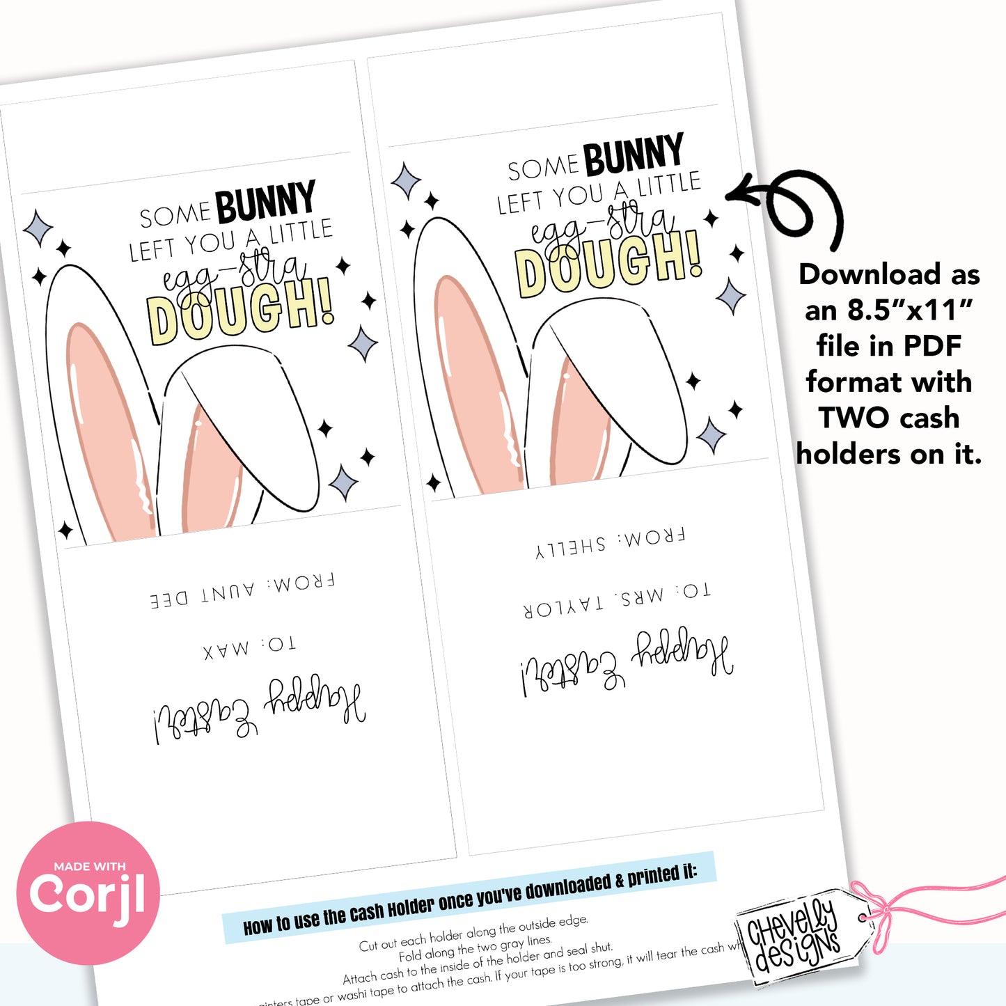 EDITABLE - Easter Bunny Cash Gift Holder - SomeBunny Left You a Little Egg-stra Dough - Printable Digital File