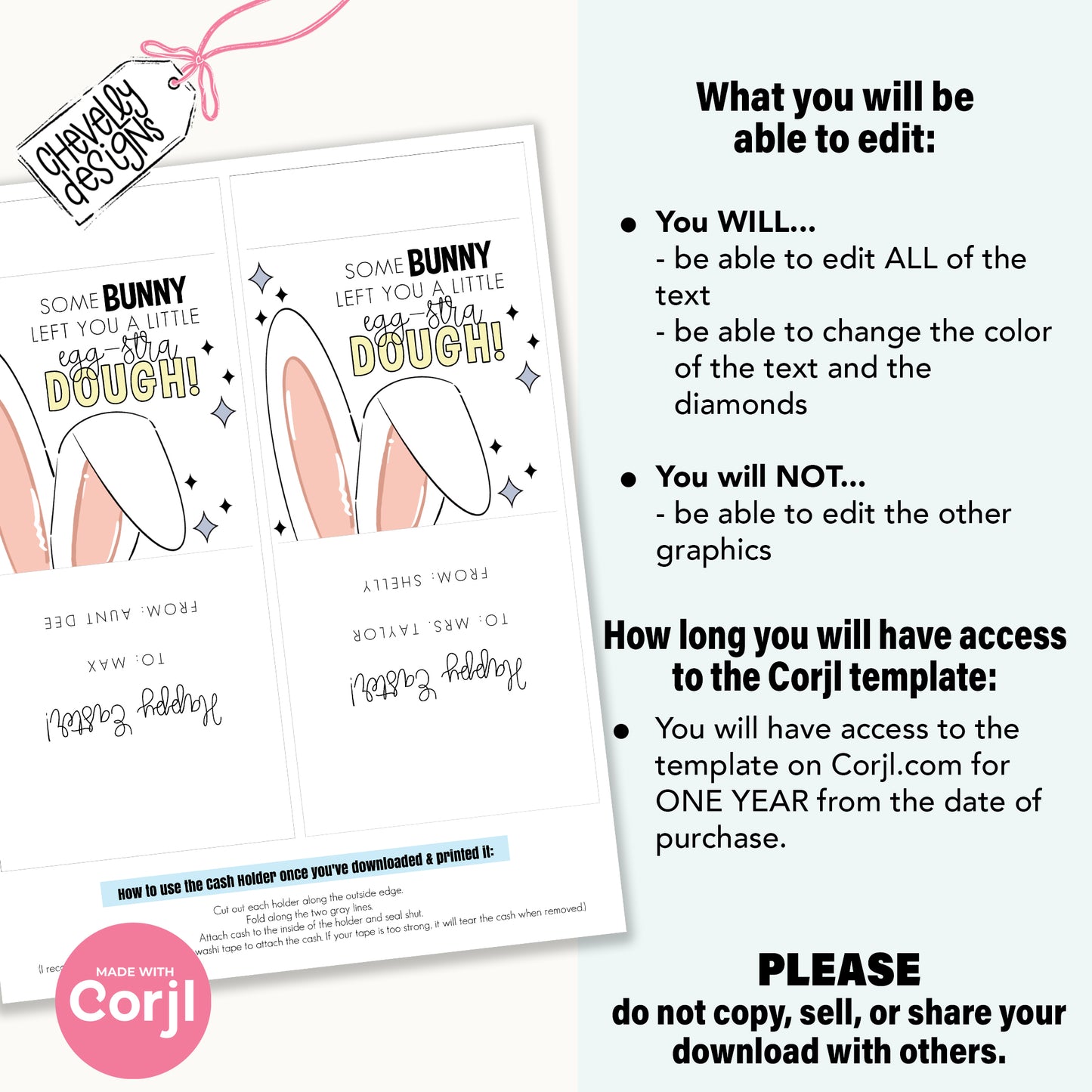EDITABLE - Easter Bunny Cash Gift Holder - SomeBunny Left You a Little Egg-stra Dough - Printable Digital File