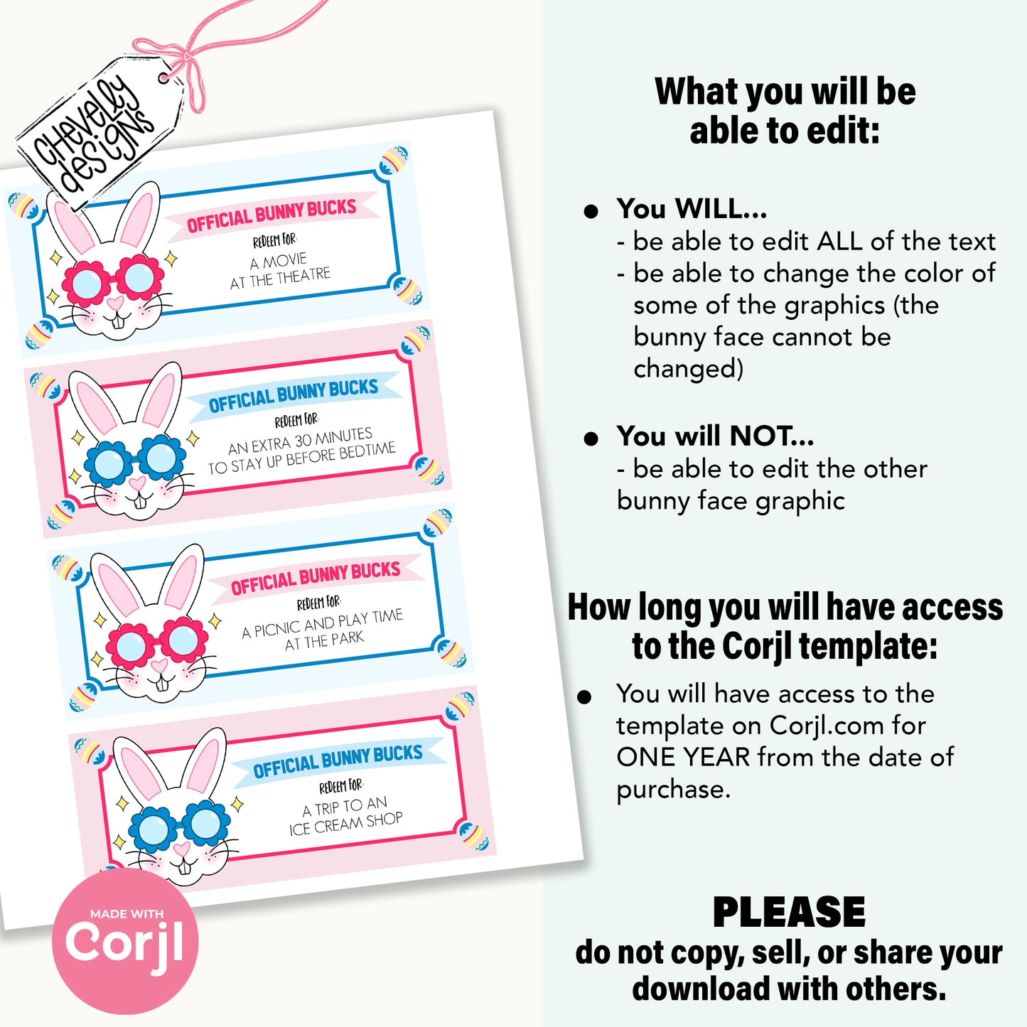 EDITABLE - Printable Bunny Bucks, Easter Basket Egg Filler, Fun Easter Coupons for Kids & Teens - Digital File