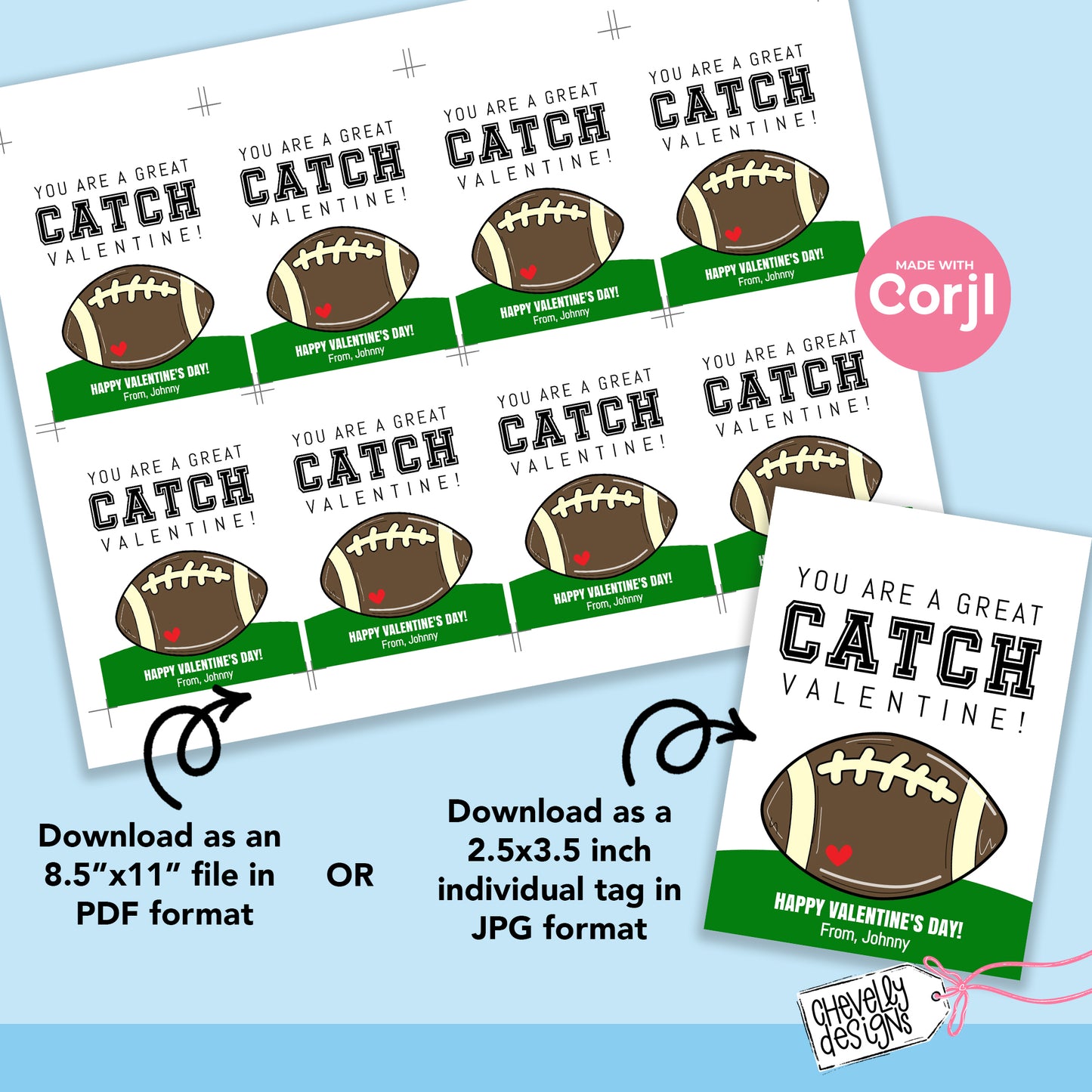 EDITABLE - You are a Great Catch Valentine - Football, Sports, Student Class Party Cards - Printable Digital File