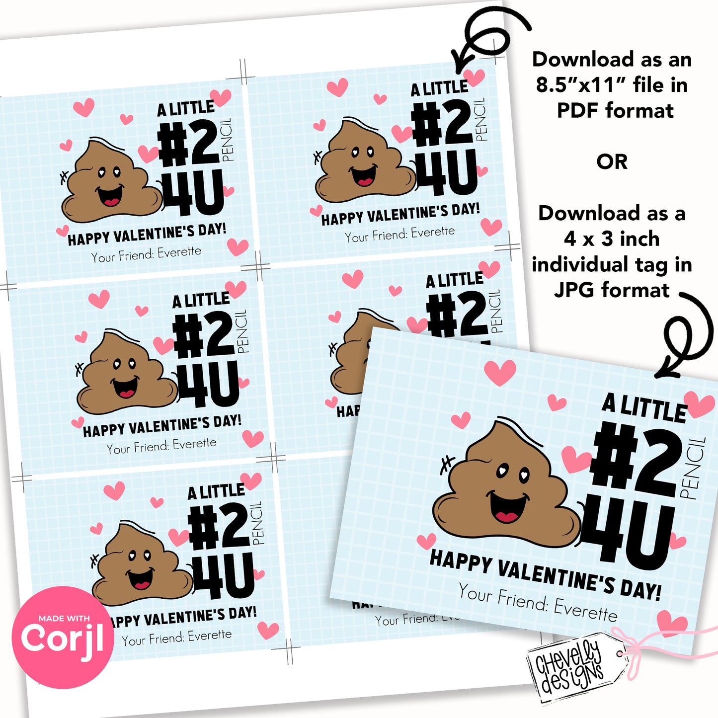 EDITABLE - Kids Number 2 Pencil Valentine Card, Printable Digital File