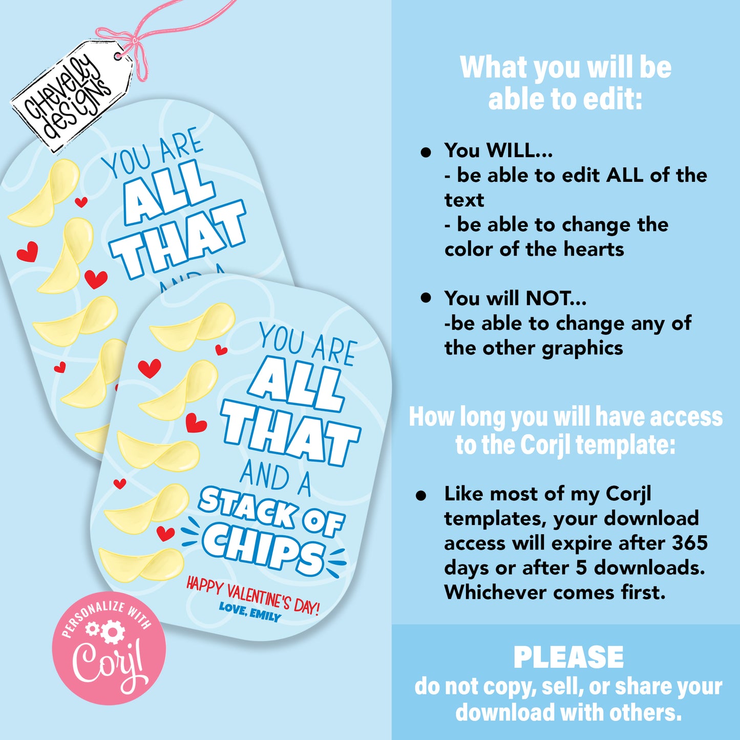 EDITABLE - You are all that and a stack of chips - Student Valentine Cards - Printable Digital File