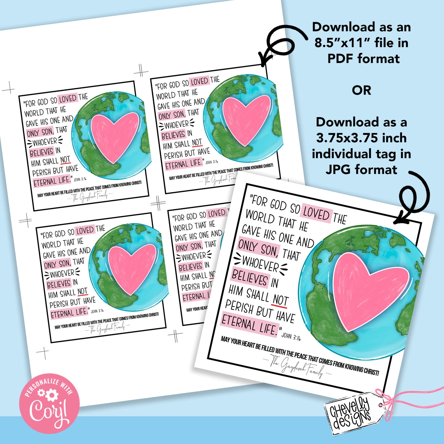 Editable - For God so Loved the World - John 3:16 - Religious Faith Based Gift Tags - Printable Digital File