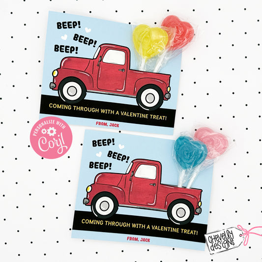 EDITABLE - Beep Beep Red Truck Sucker Valentine - Student Valentine Cards - Printable Digital File