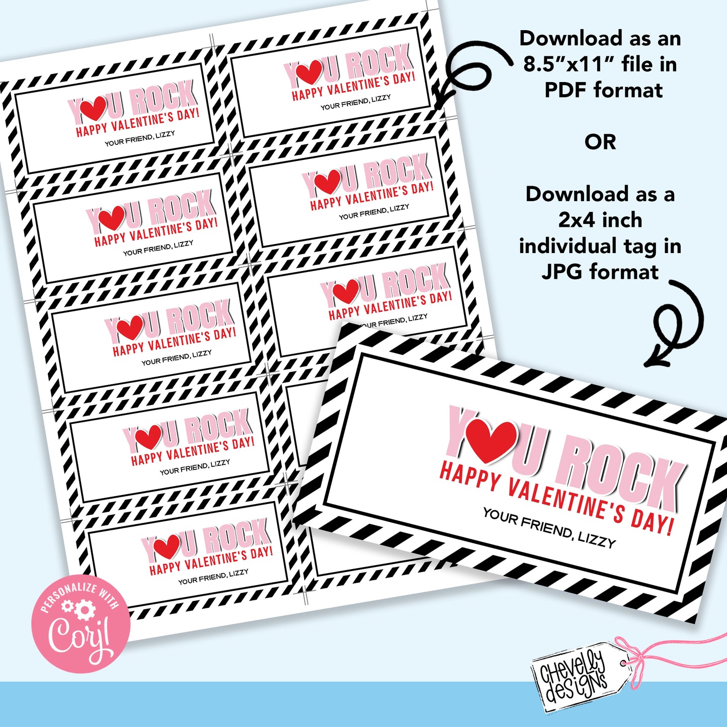 EDITABLE - You Rock Valentine - Student Valentine Cards - Printable Digital File