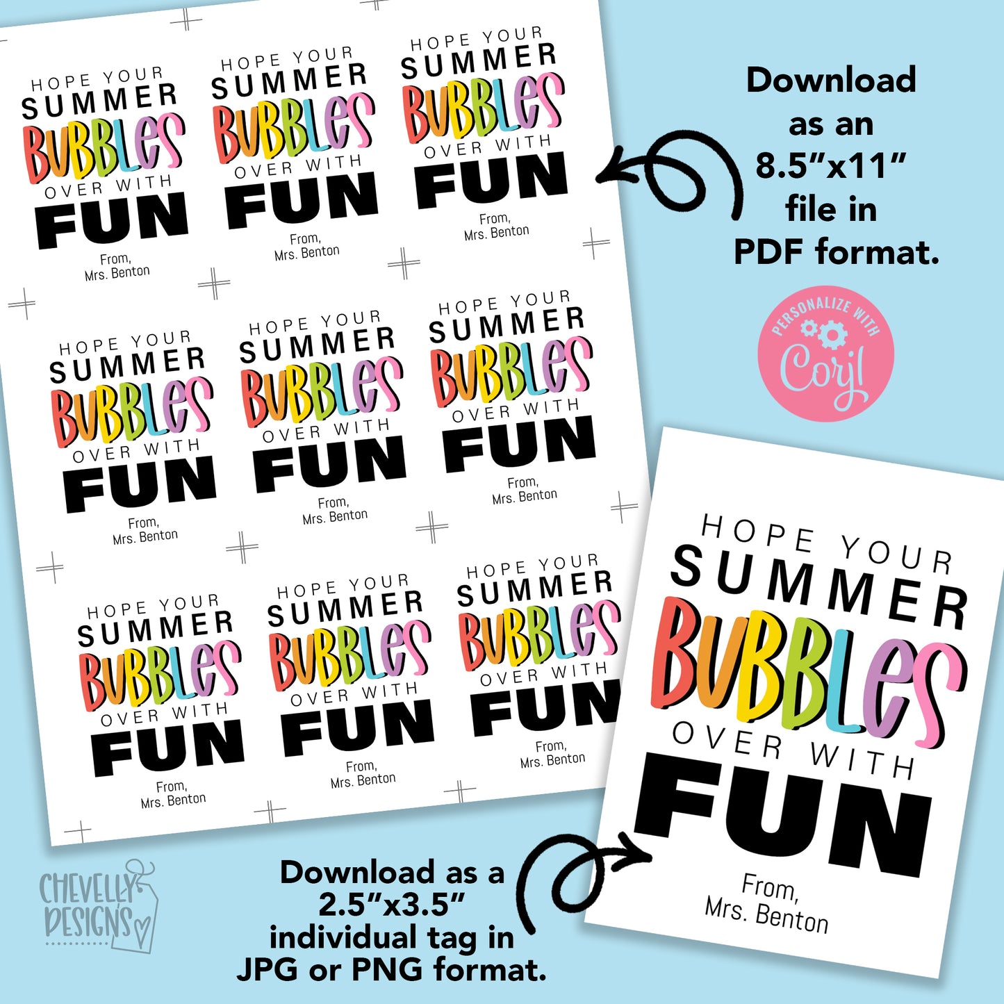 Editable - Hope Your Summer Bubbles Over with Fun - End of School Student Gift Tags - Printable Digital File