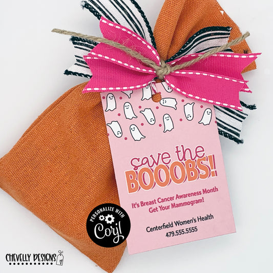 EDITABLE - Save The Booobs - Breast Cancer Awareness - Business Referral Gift Tags - Printable Digital File