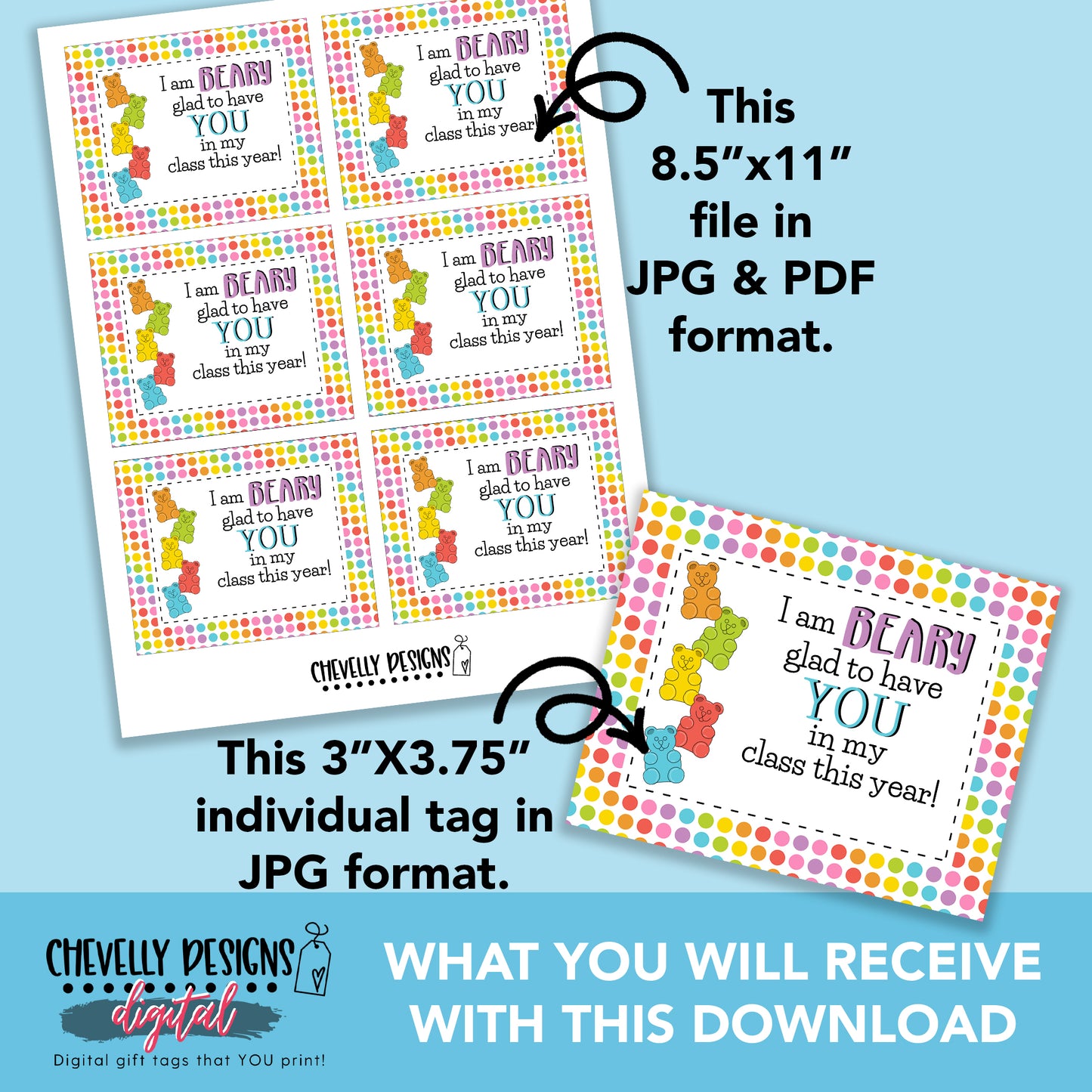 Printable Glad You Are In My Class - Gummy Bear Gift Tags - Digital File