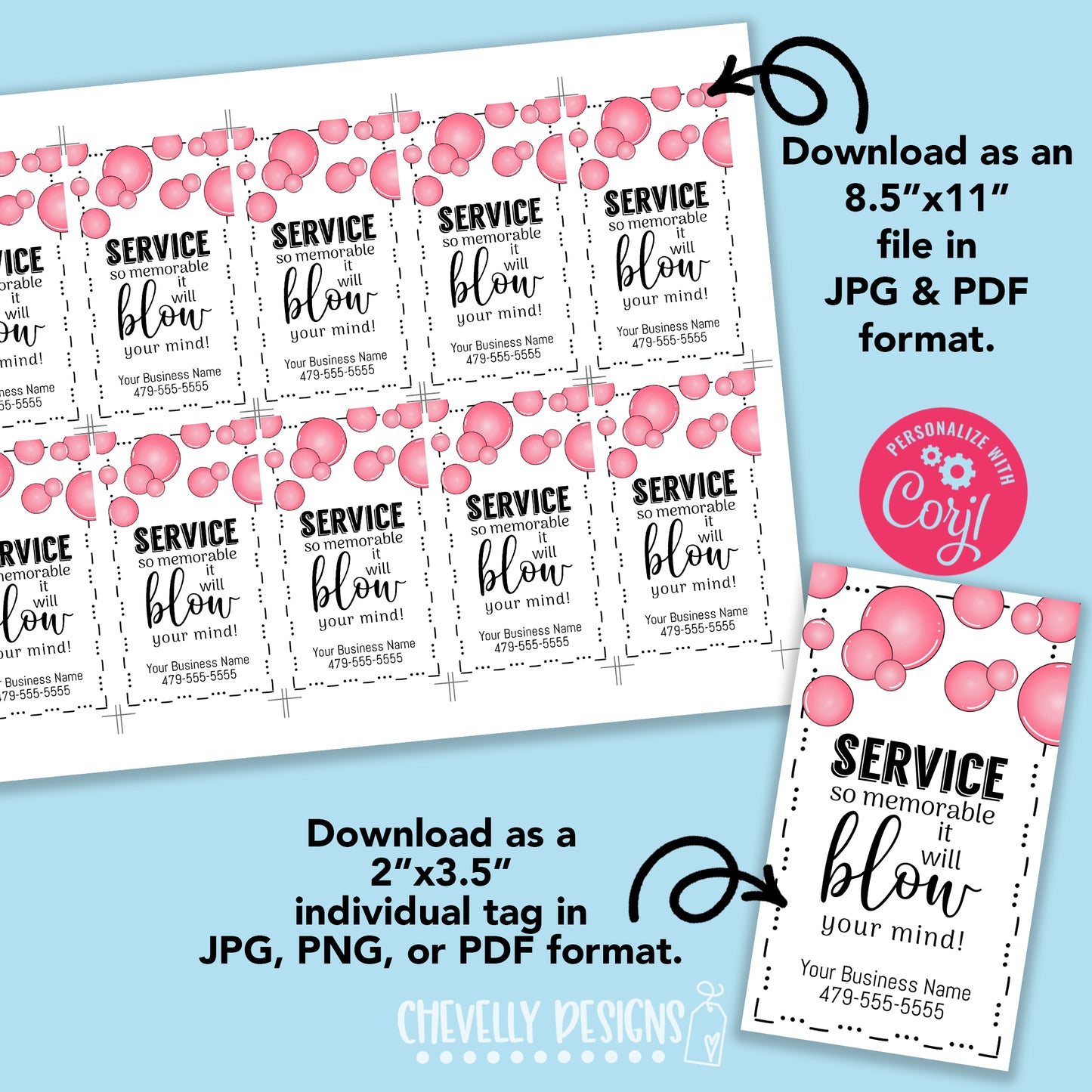 Editable - Service Will Blow Your Mind - Bubble Gum Business Referral Gift Tags - Printable Digital File