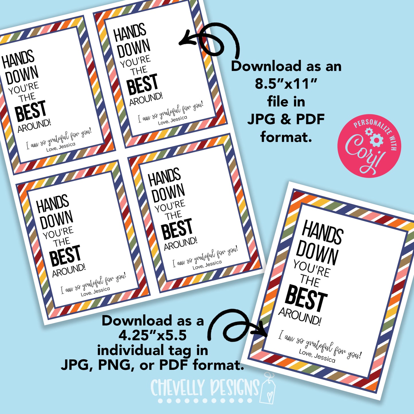 Editable - "Hands Down You're the Best Around!" Hand Sanitizer Gift Tags - Printable Digital File