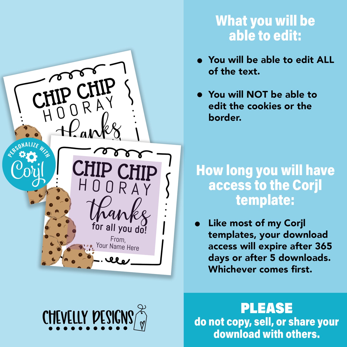 EDITABLE - Chip Chip Hooray - Thank You Cookie Appreciation Gift Tags - Printable Digital File