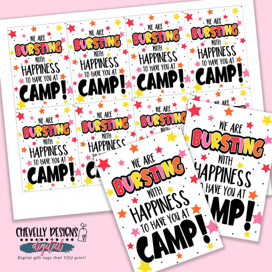 Printable Bursting with Happiness for Camp - Gift Tags - Instant Digital Download