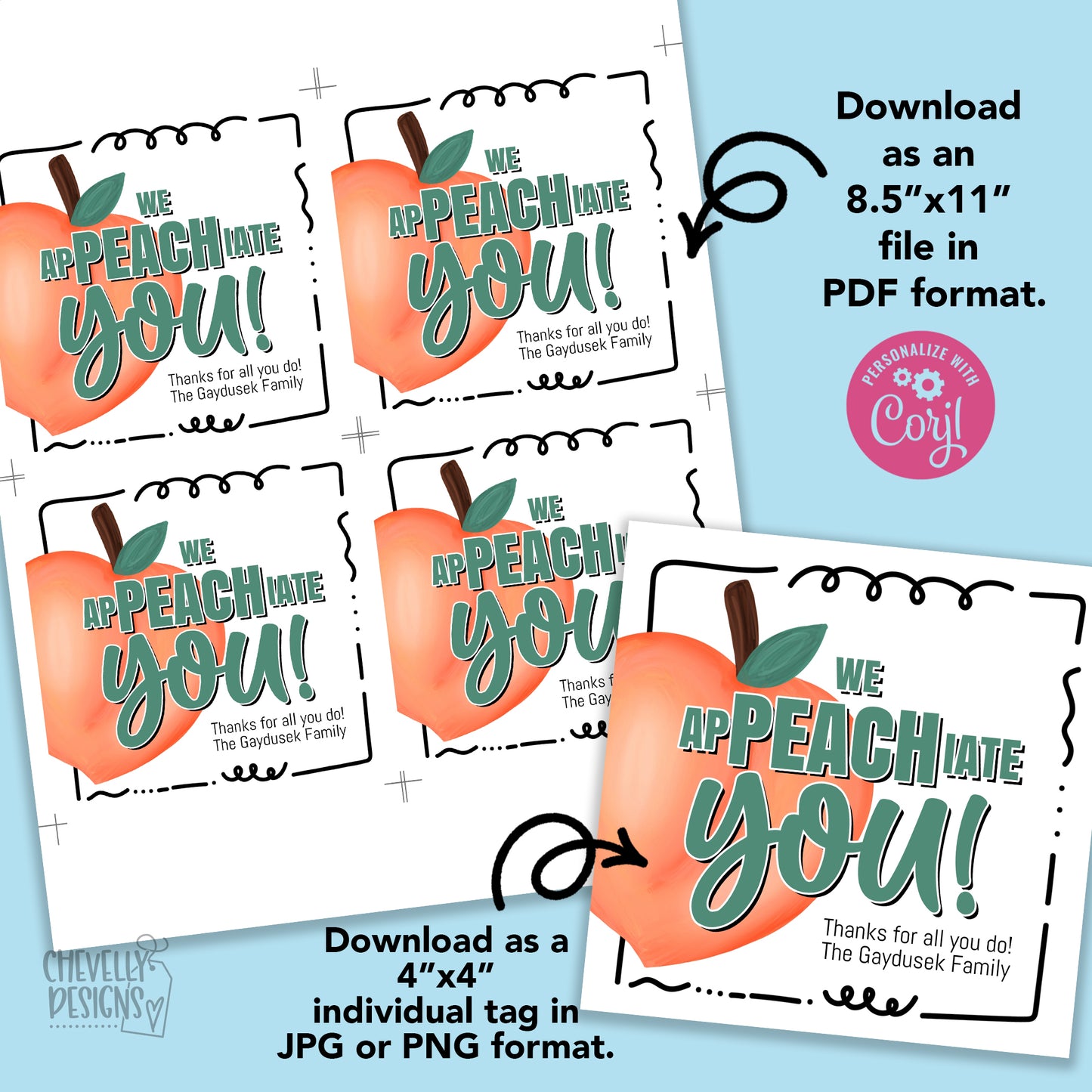 EDITABLE - We a-PEACH-iate You - Printable Appreciation Gift Tags - Digital File