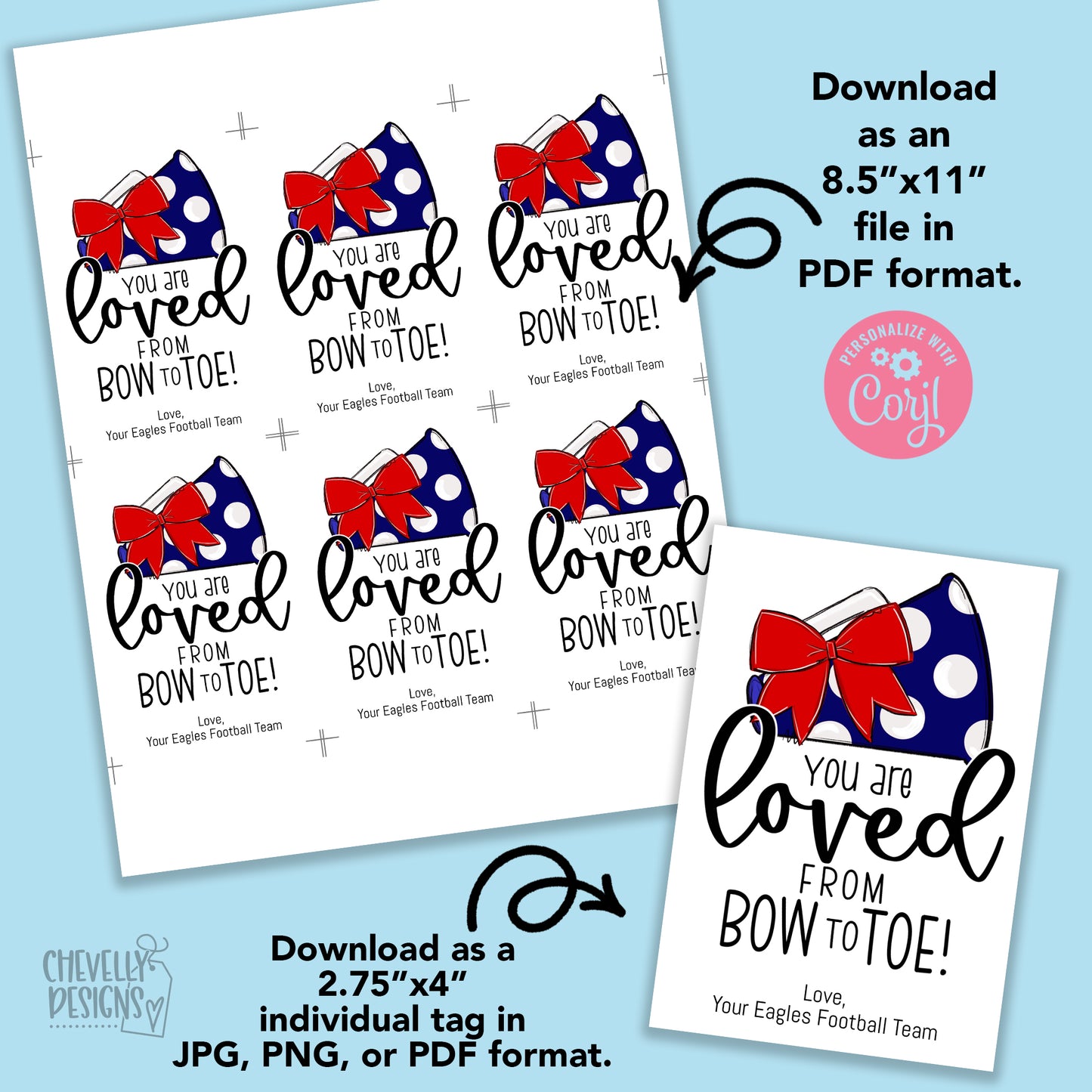 Editable - Gift Tags for Cheerleaders - Red, White, Navy Cheer Bow Megaphone - Printable Digital File