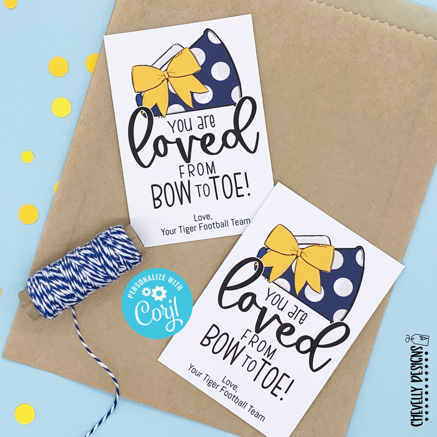 EDITABLE - Gift Tags for Cheerleaders - Yellow Gold and Navy Blue Cheer Bow Megaphone - Printable Digital File
