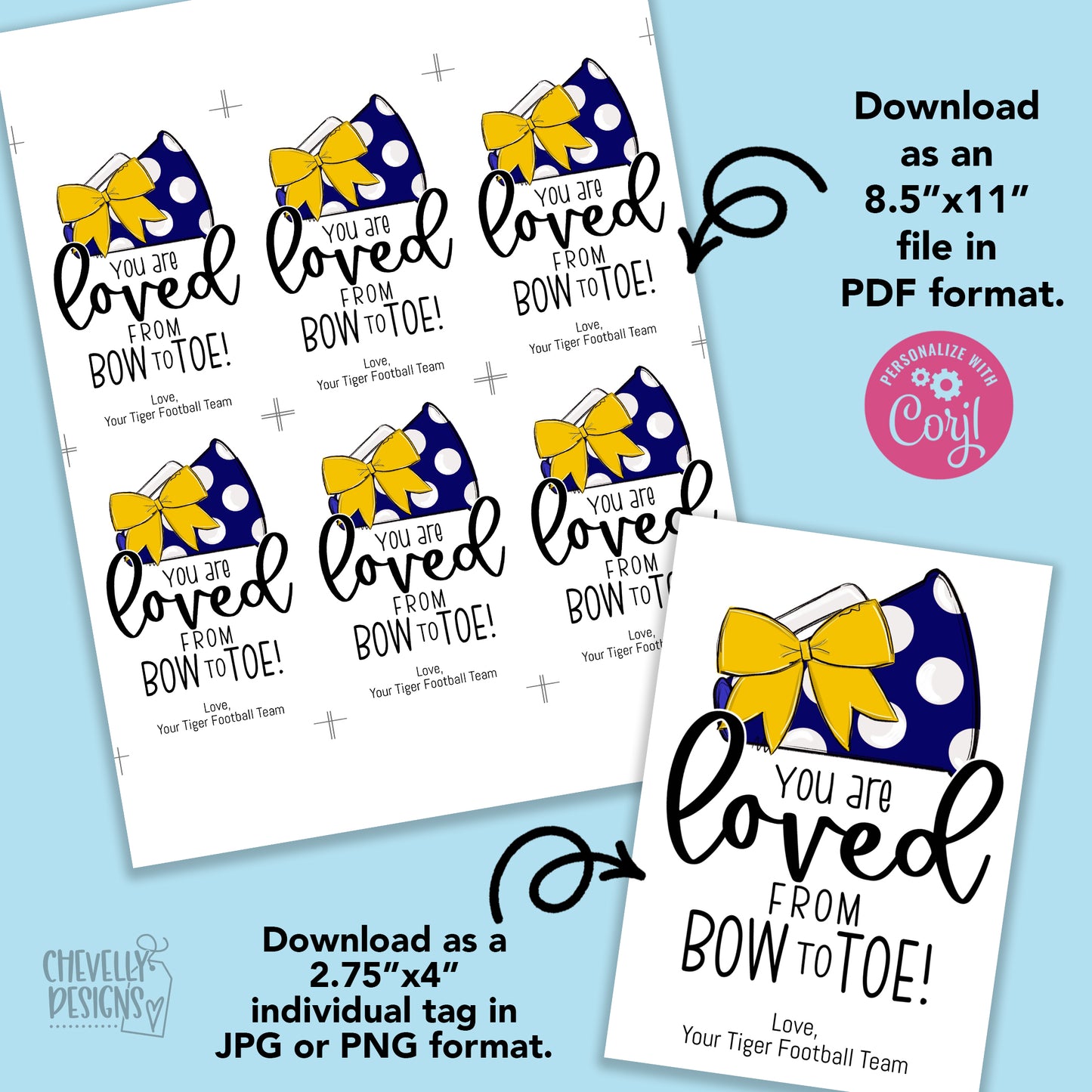 EDITABLE - Gift Tags for Cheerleaders - Yellow Gold and Navy Blue Cheer Bow Megaphone - Printable Digital File
