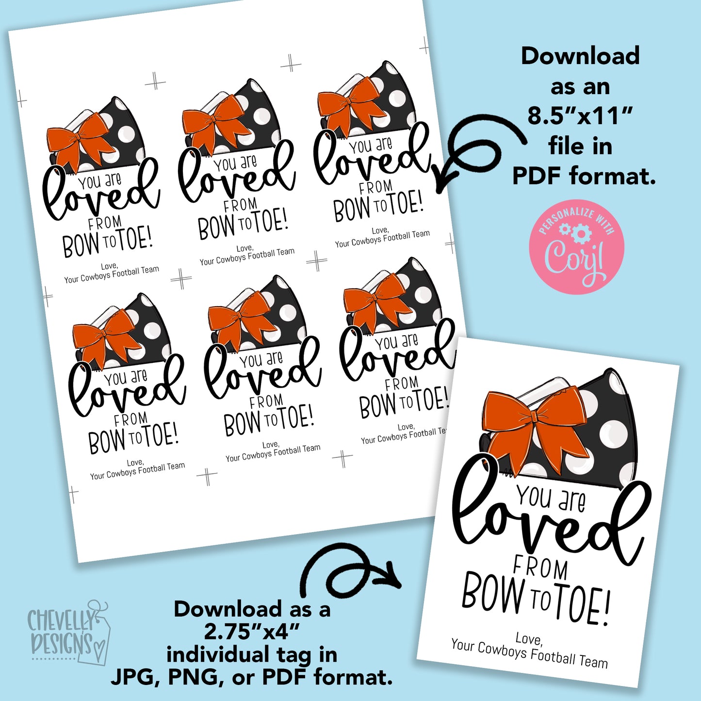 Editable - Gift Tags for Cheerleaders - Orange and Black Cheer Bow Megaphone - Printable Digital File