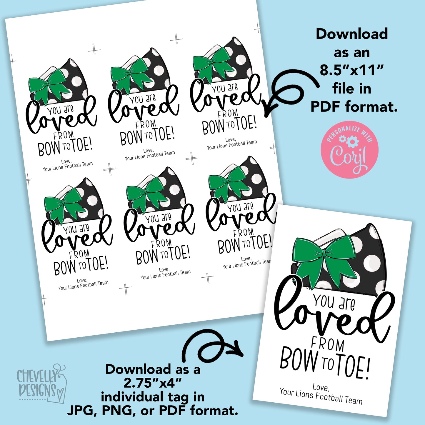 Editable - Gift Tags for Cheerleaders - Green and Black Cheer Bow Megaphone - Printable Digital File