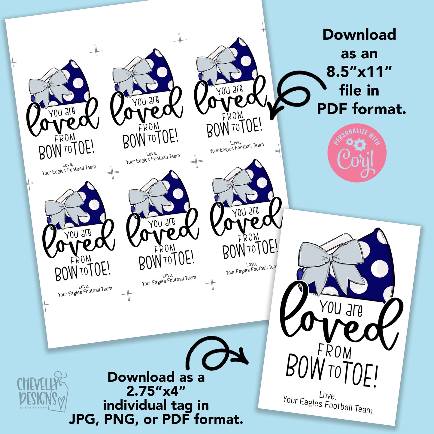 Editable - Gift Tags for Cheerleaders - Silver Gray and Navy Blue Cheer Bow Megaphone - Printable Digital File