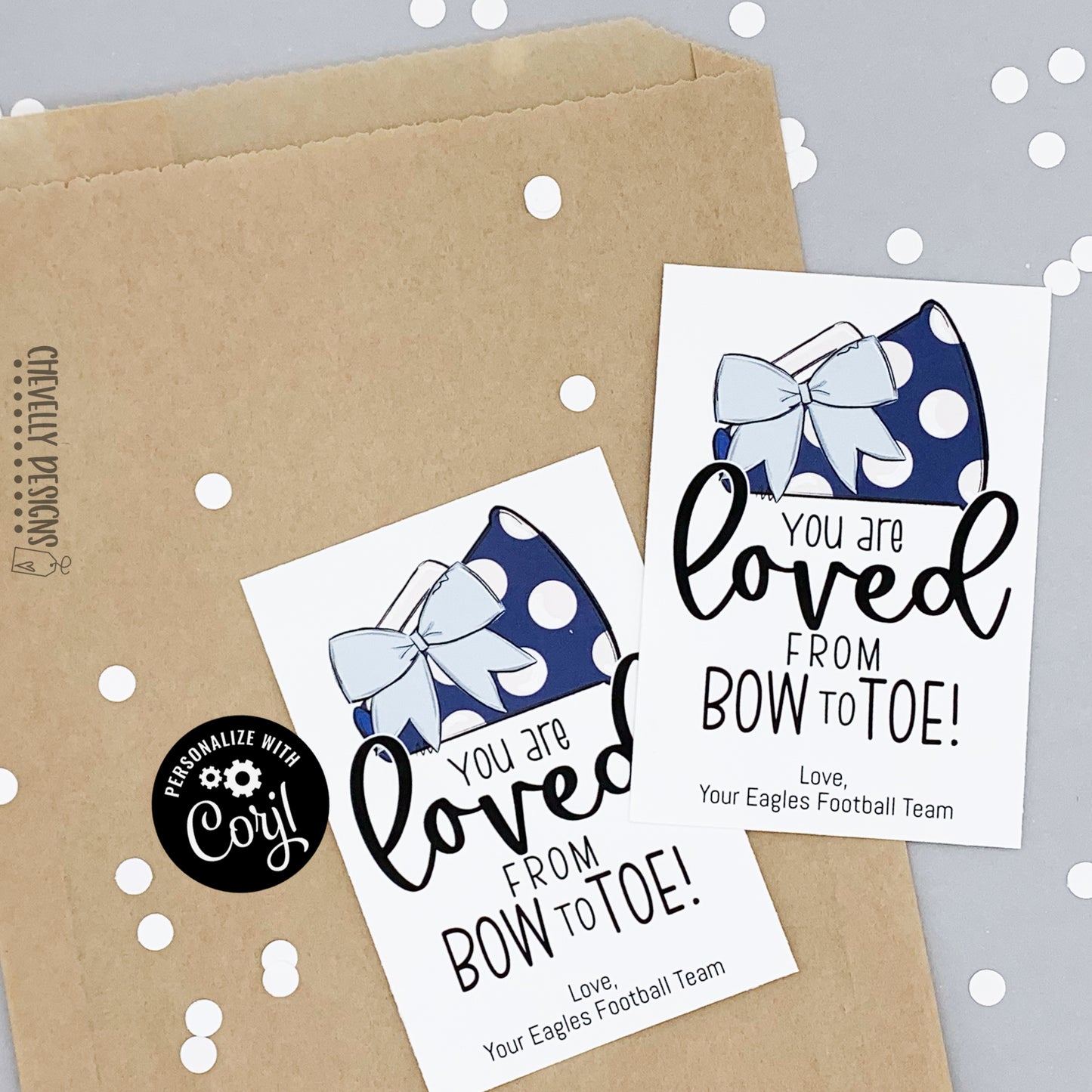 Editable - Gift Tags for Cheerleaders - Silver Gray and Navy Blue Cheer Bow Megaphone - Printable Digital File