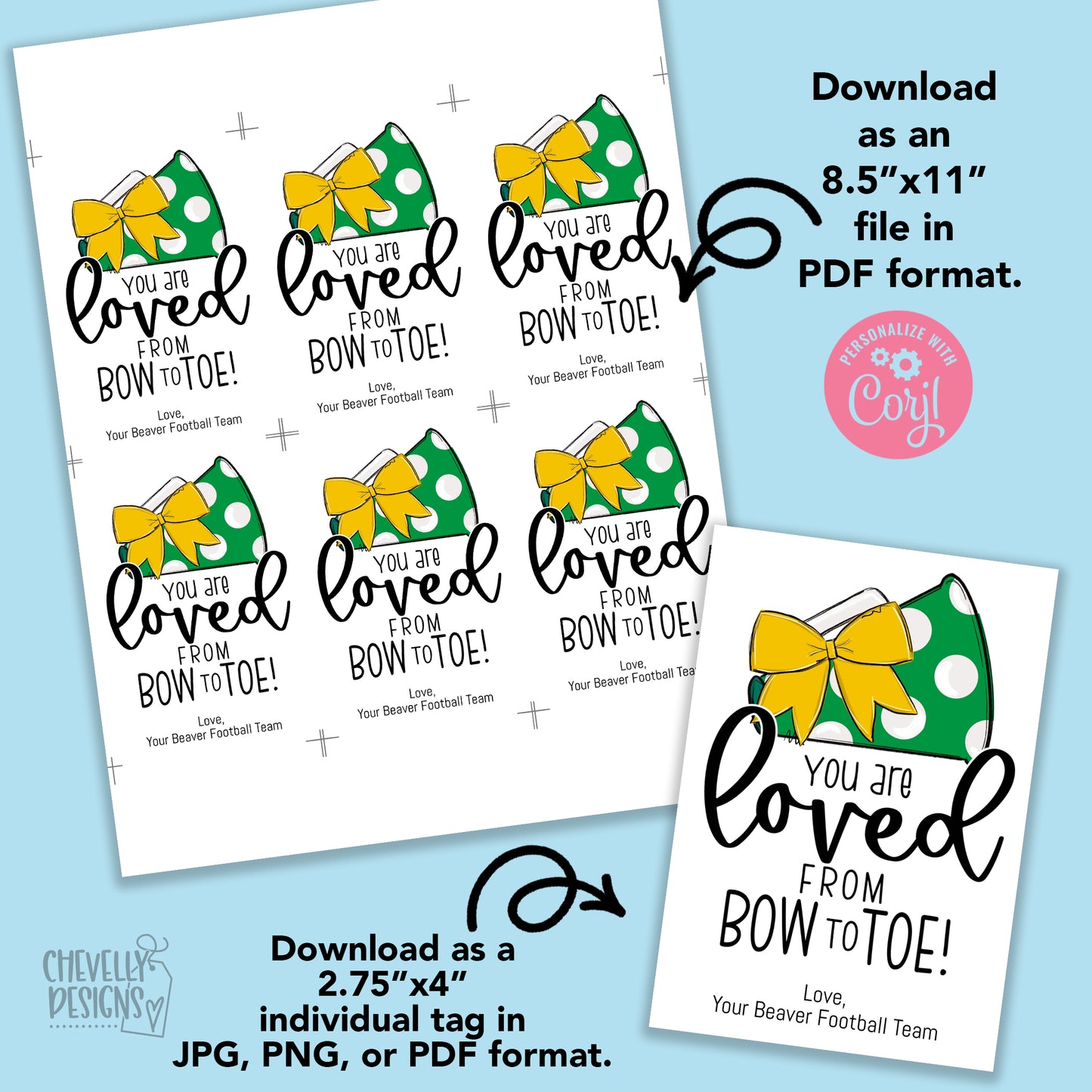 Editable - Gift Tags for Cheerleaders - Yellow Gold and Green Cheer Bow Megaphone - Printable Digital File