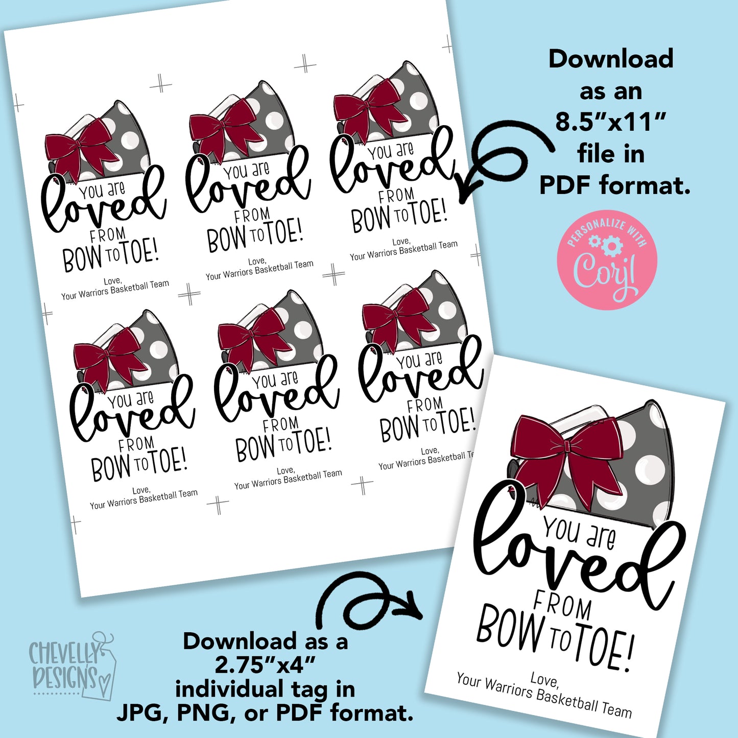 Editable - Gift Tags for Cheerleaders - Maroon and Gray Cheer Bow Megaphone - Printable Digital File