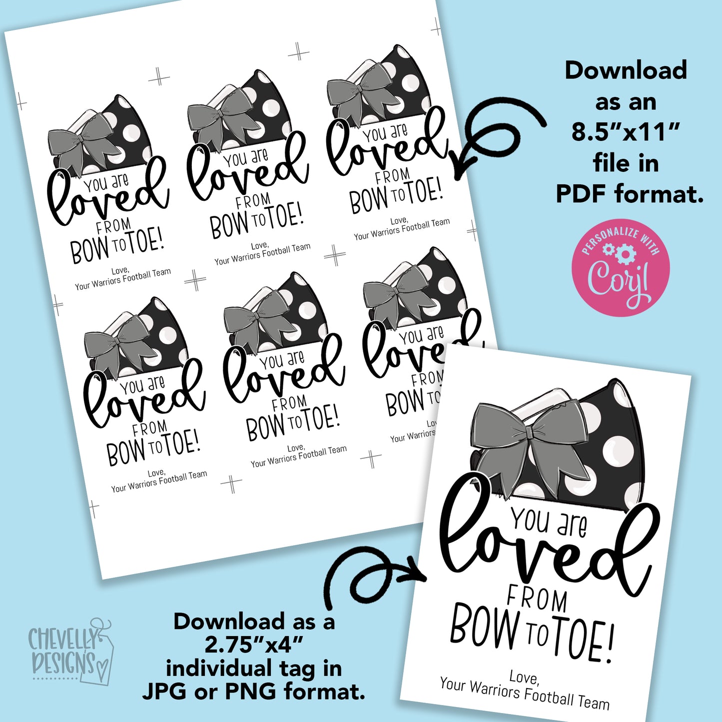 EDITABLE - Gift Tags for Cheerleaders - Gray and Black Cheer Bow Megaphone - Printable Digital File