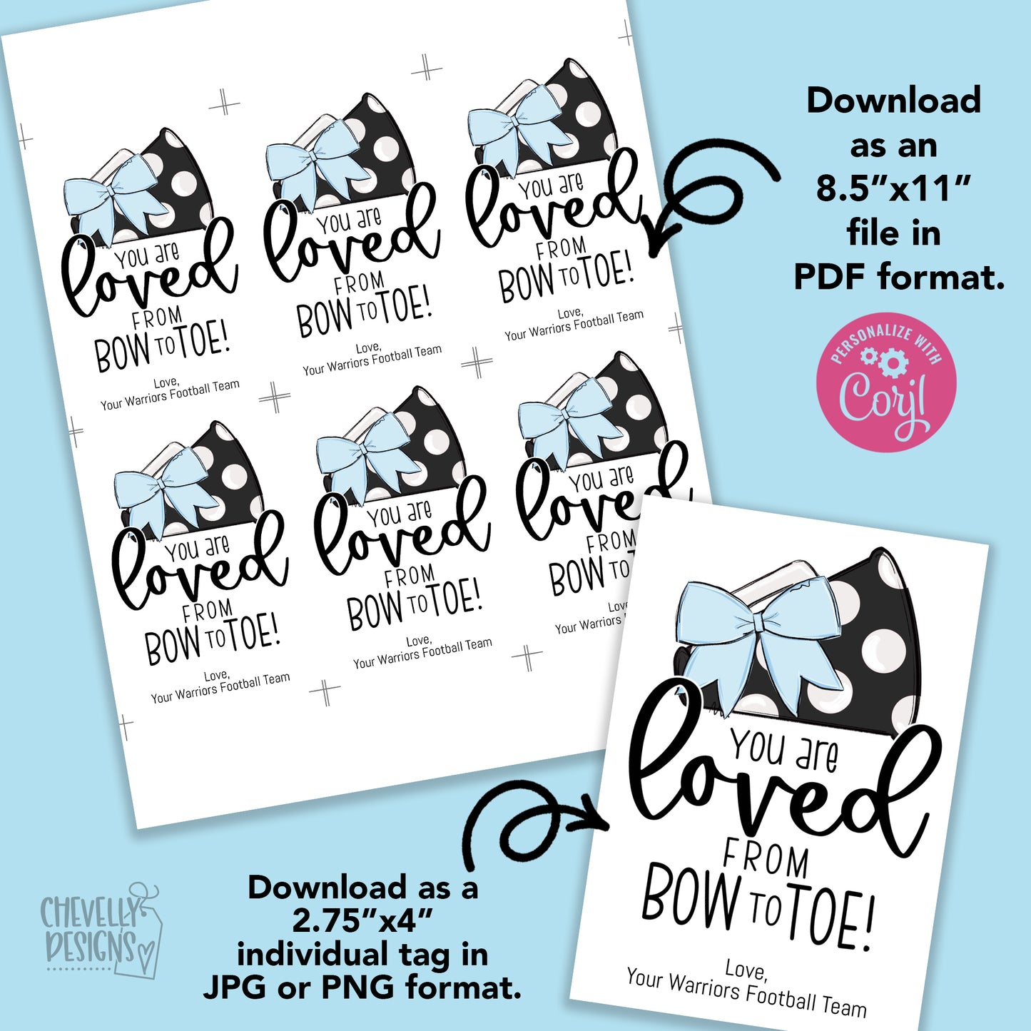 EDITABLE - Gift Tags for Cheerleaders - Light Blue and Black Cheer Bow Megaphone - Printable Digital File
