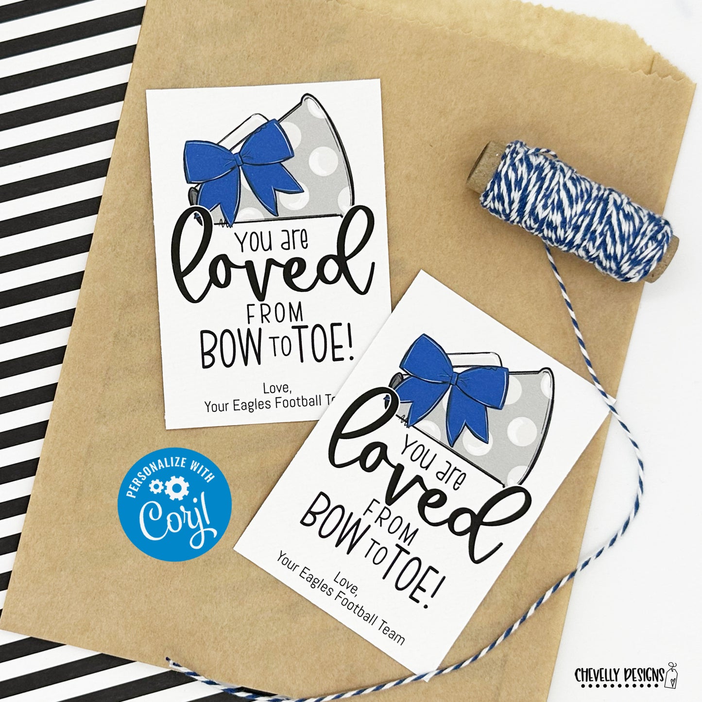 Editable - Gift Tags for Cheerleaders - Royal Blue Cheer Bow Silver Gray Megaphone - Printable Digital File