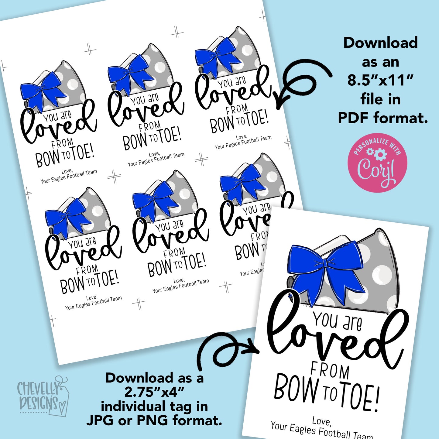 Editable - Gift Tags for Cheerleaders - Royal Blue Cheer Bow Silver Gray Megaphone - Printable Digital File