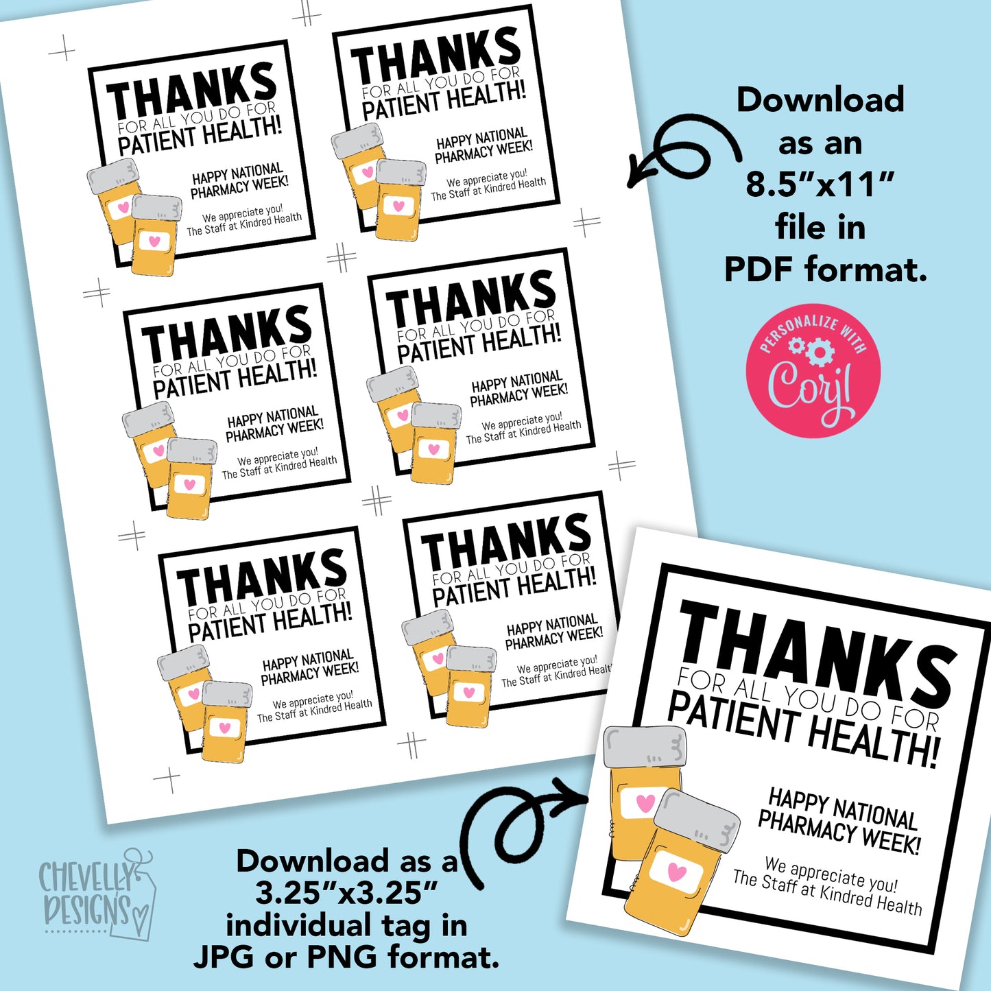 EDITABLE - Pharmacy Medicine Bottle Appreciation Gift Tags - Printable Digital File