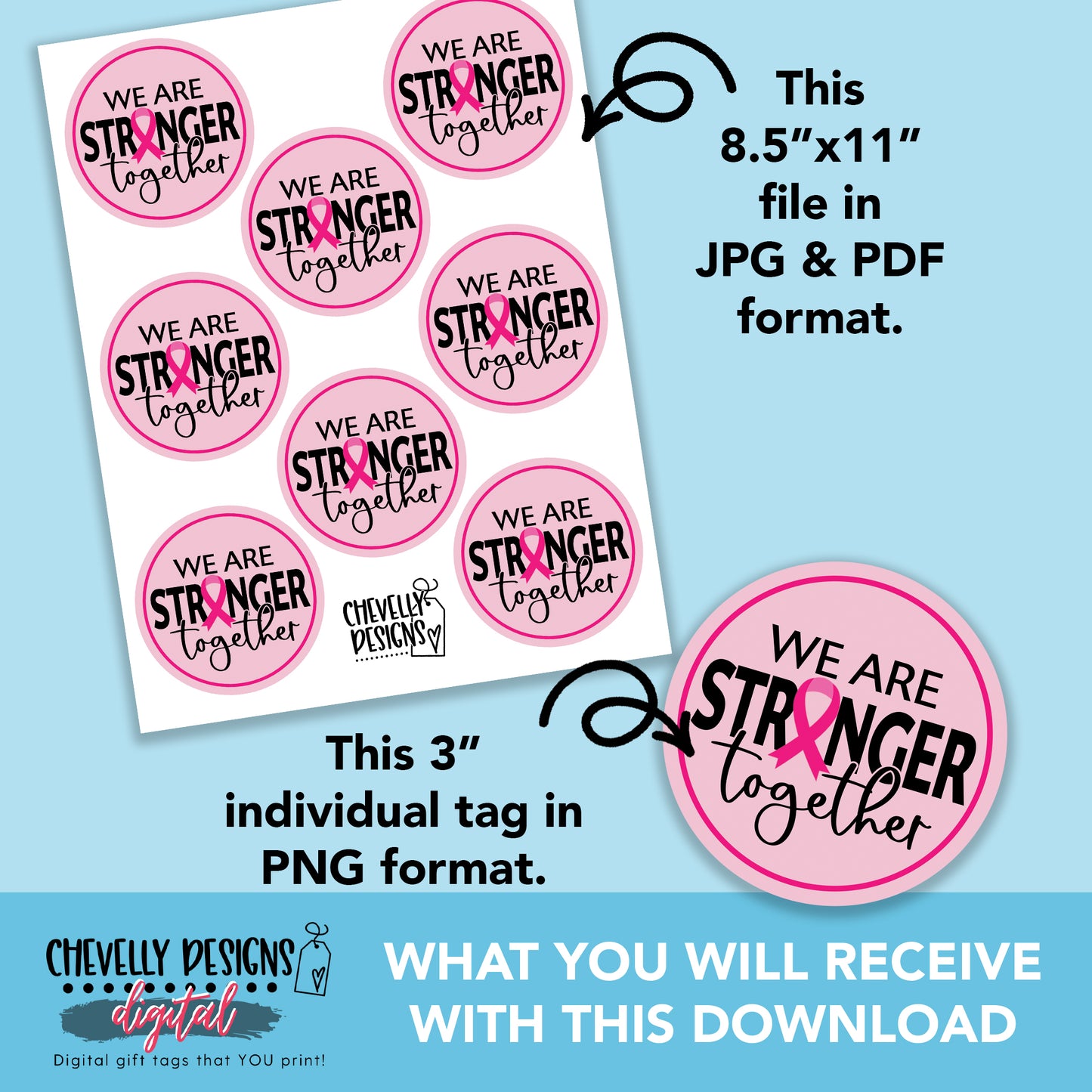 Printable We Are Stronger Together Gift Tags - Breast Cancer Awareness - Instant Digital Download