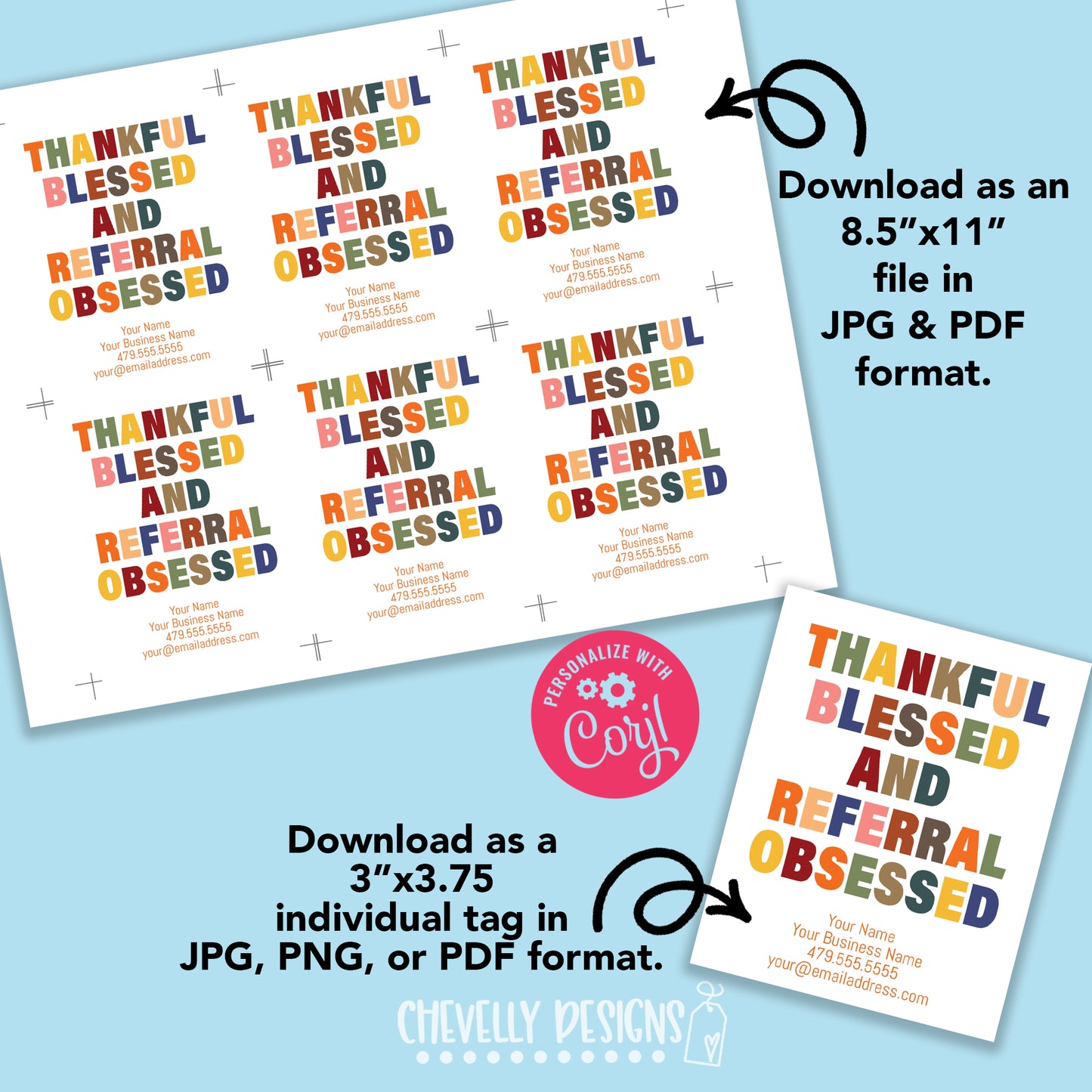 Editable Digital File - Thankful, Blessed, Referral Obsessed - Thanksgiving Marketing Tags - Printable