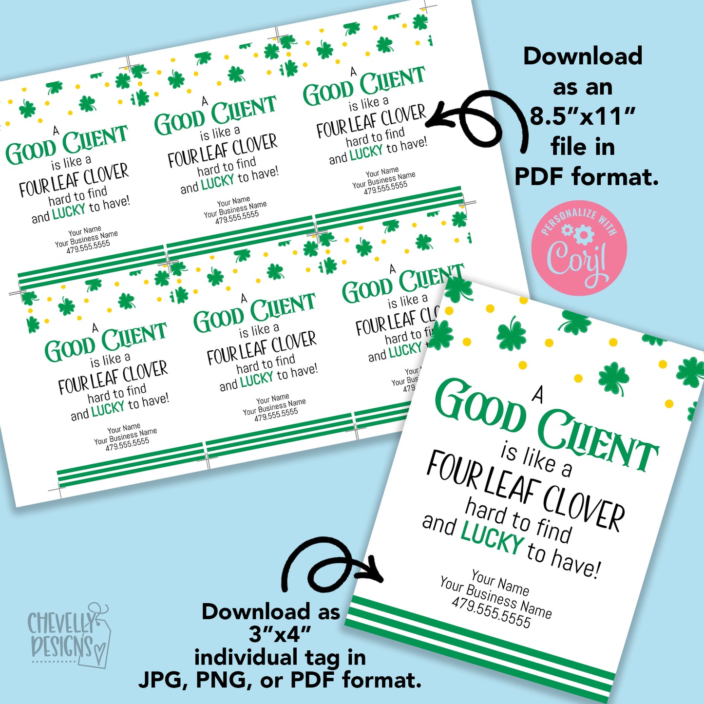 Editable - Four Leaf Clover - Client Appreciation Gift Tags - Printable Digital File