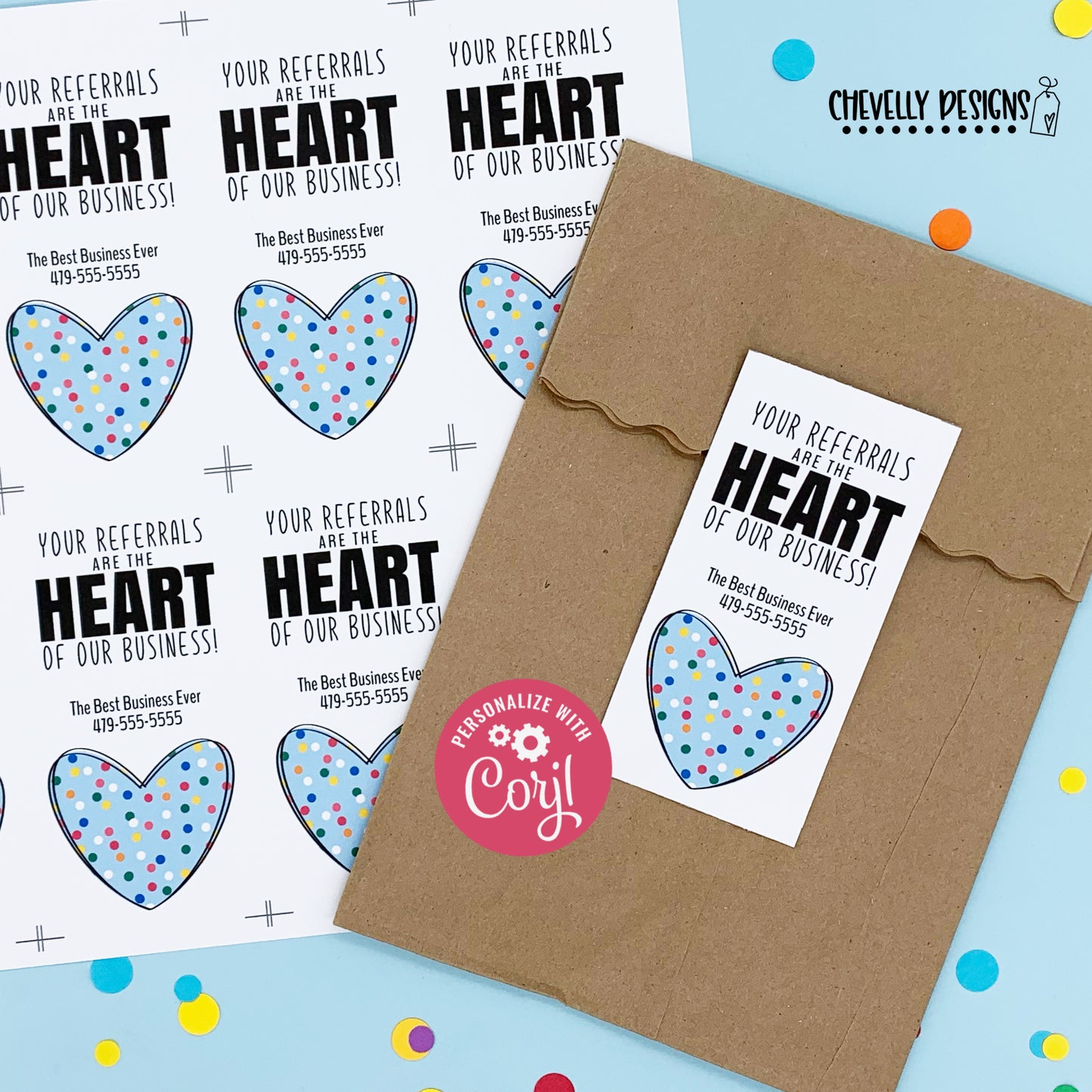 Editable - Polka Dot Heart of our Business Referral Gift Tags - Printable Digital File