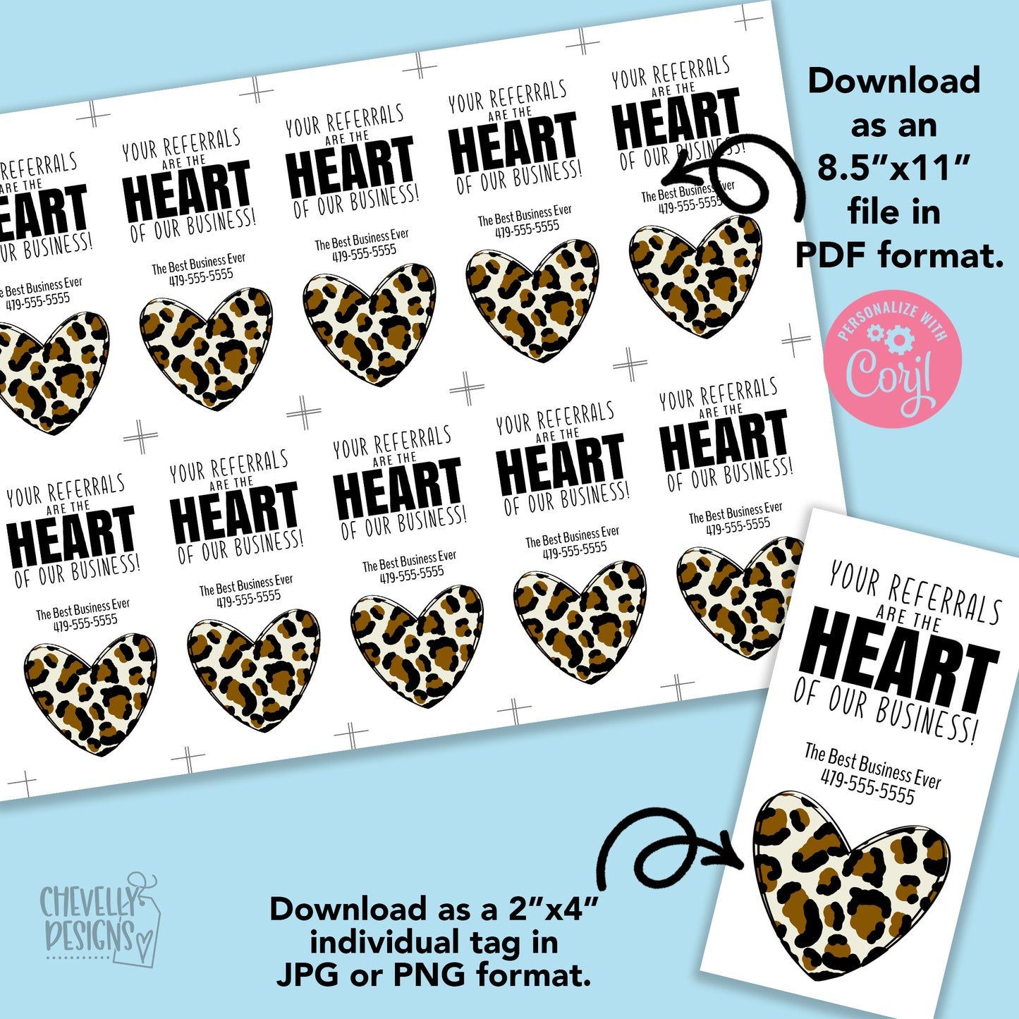 Editable - Leopard Heart of our Business Referral Gift Tags - Printable Digital File
