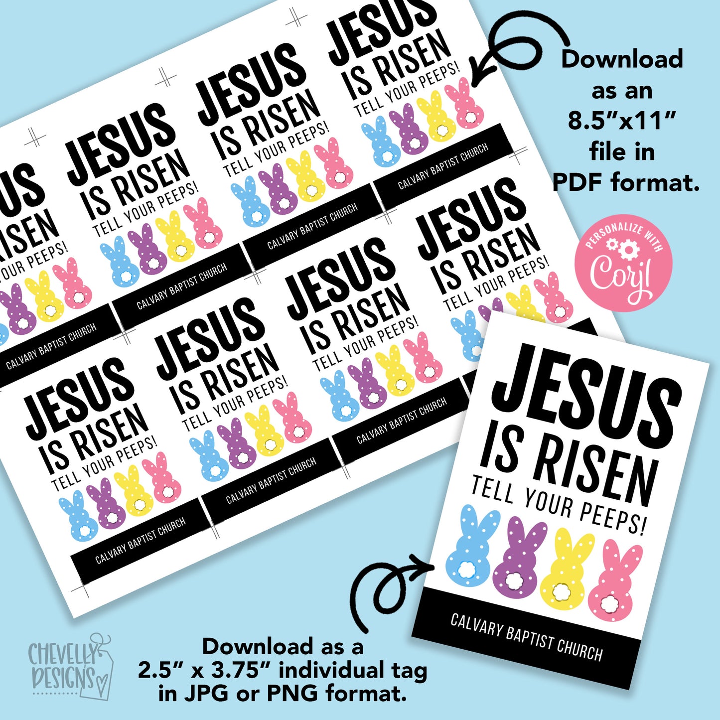 Editable - Jesus is Risen Tell Your Peeps - Easter Gift Tags - Printable Digital File