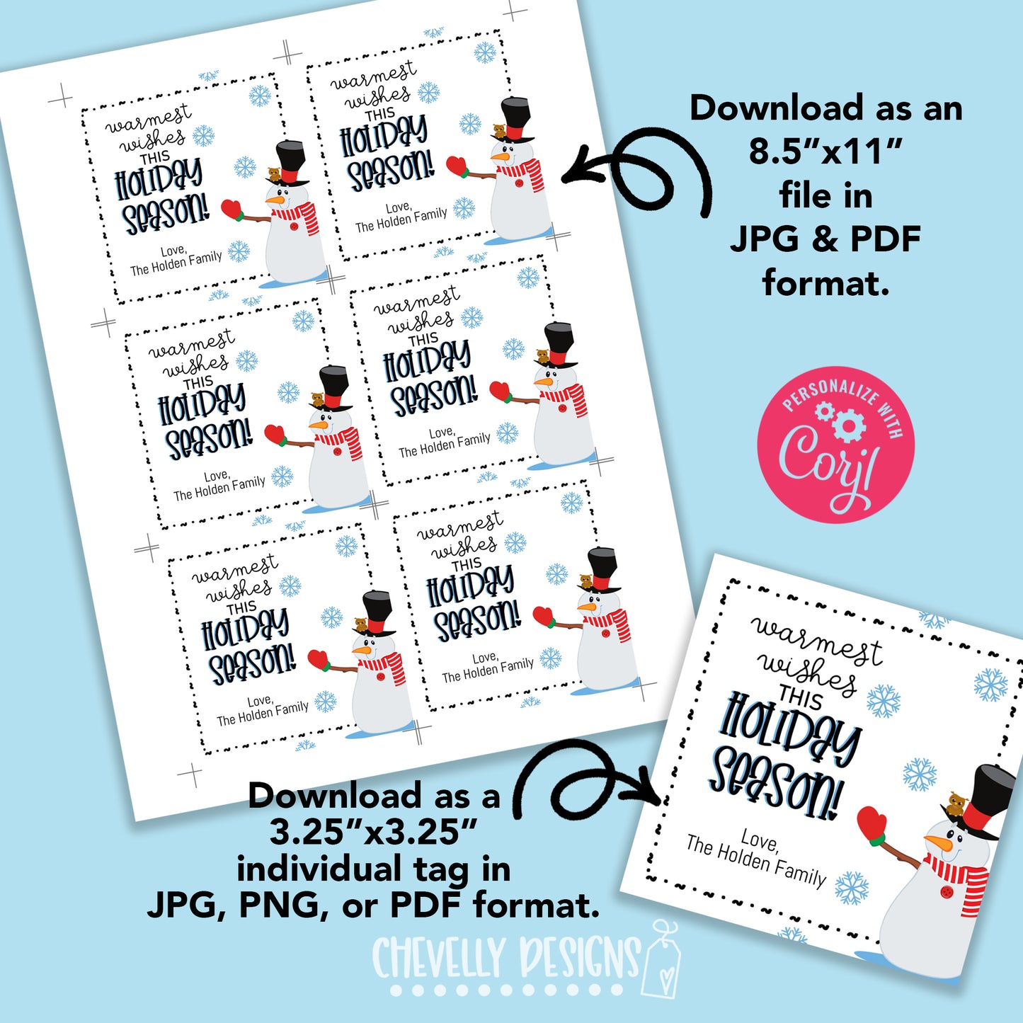 Editable Digital File - Warmest Wishes this Holiday Season - Snowman Gift Tags - Printable