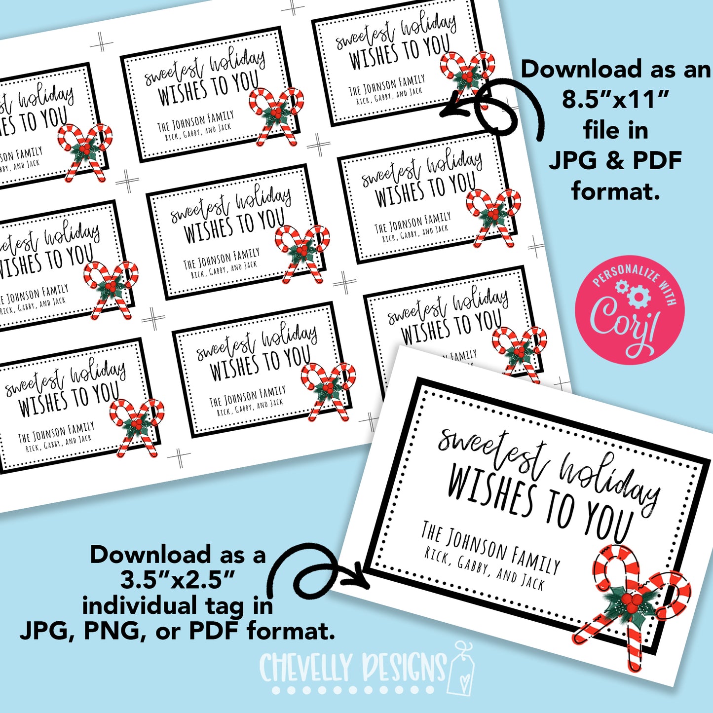 Editable Digital File - Sweetest Holiday Wishes - Printable Candy Cane Gift Tags