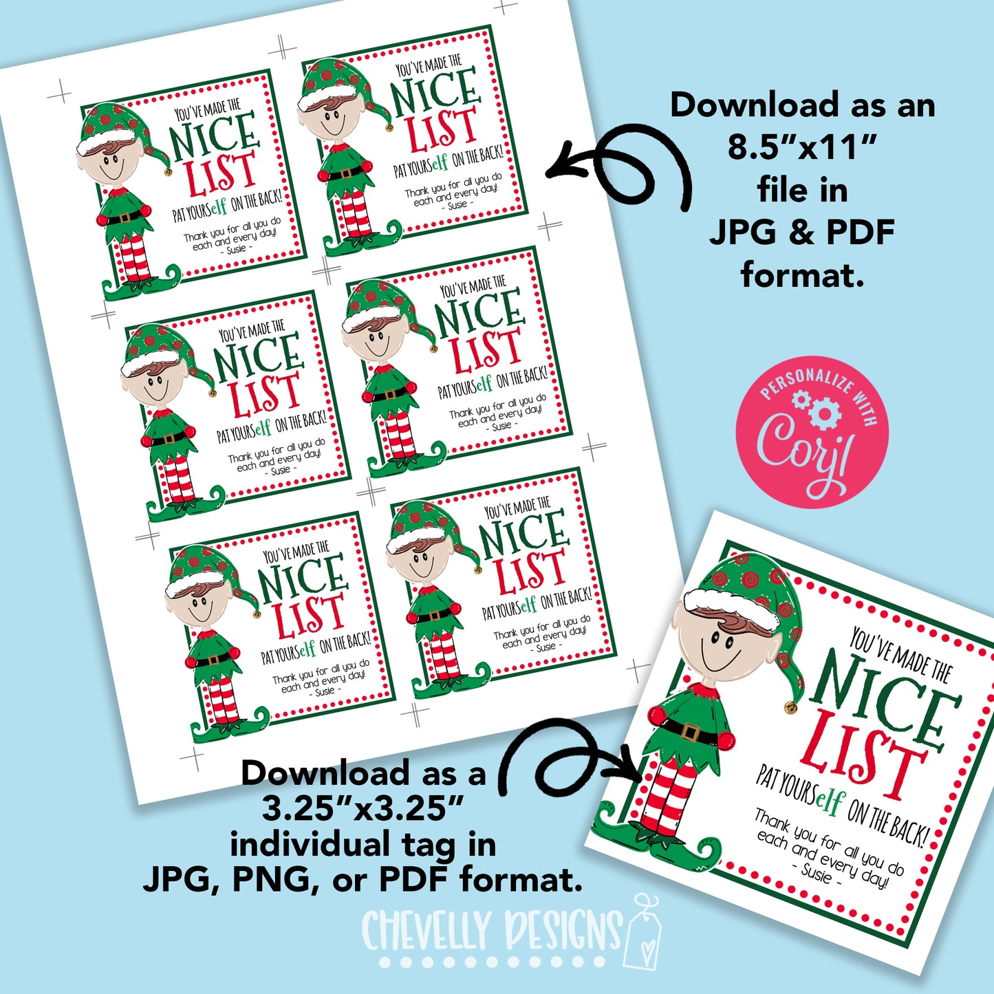 Editable Digital File - Elf Nice List Christmas Gift Tag - Printable