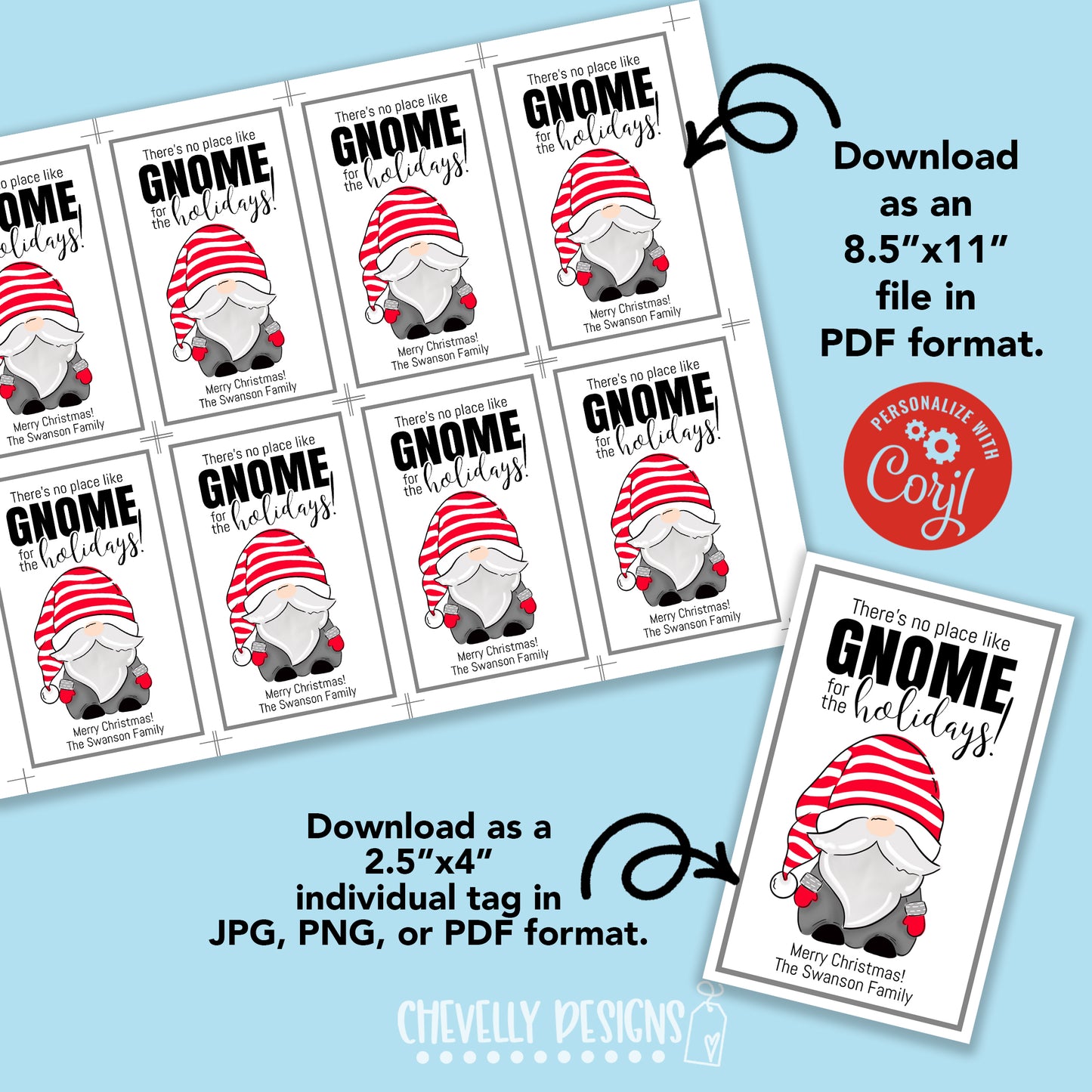 Editable - There's no place like Gnome for the Holidays - Christmas Gift Tags - Printable Digital File
