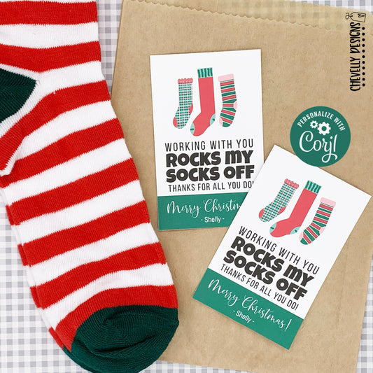 EDITABLE - Working With You Rocks My Socks Off - Christmas Holiday Gift Tags - Printable Digital File