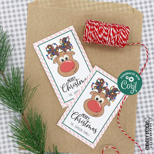 EDITABLE - Christmas Reindeer Gift Tags - Rudolph - Printable Digital File