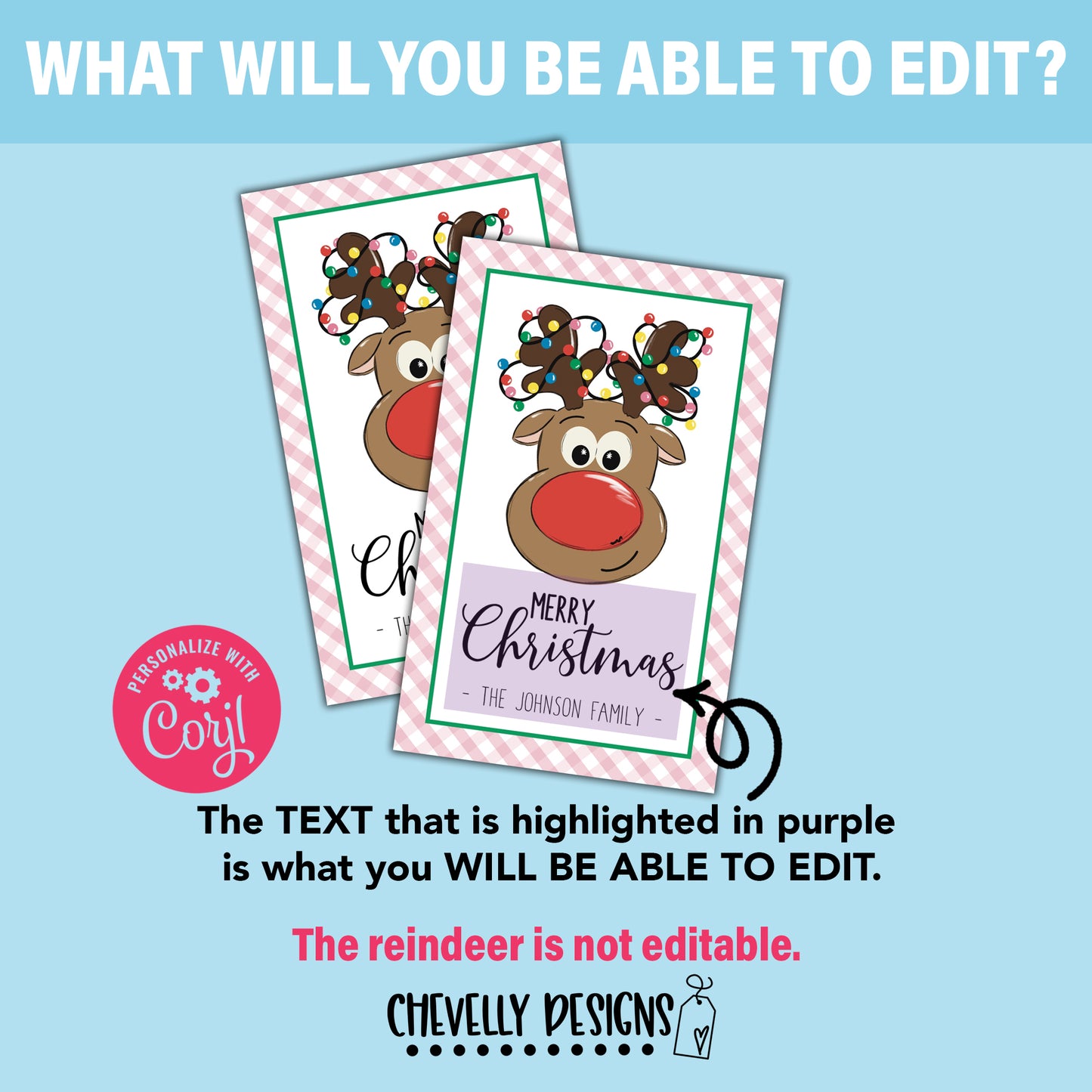 EDITABLE - Christmas Reindeer Gift Tags - Rudolph - Printable Digital File