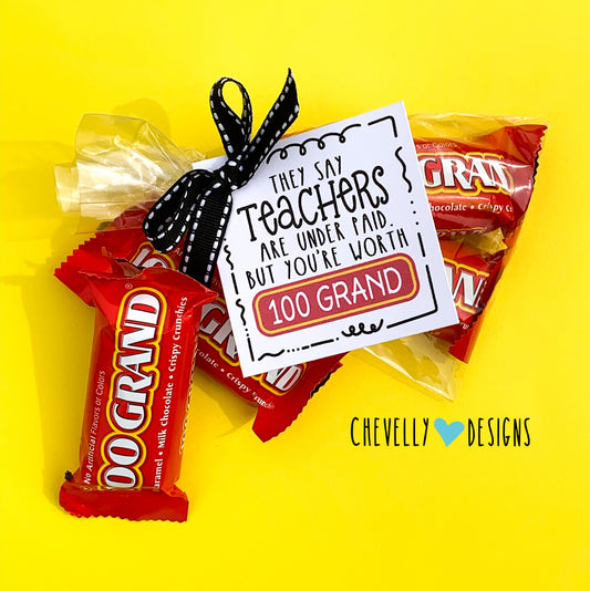 Teacher Appreciation Gift Tags for 100 Grand Candy Bars | Instant Digital Download