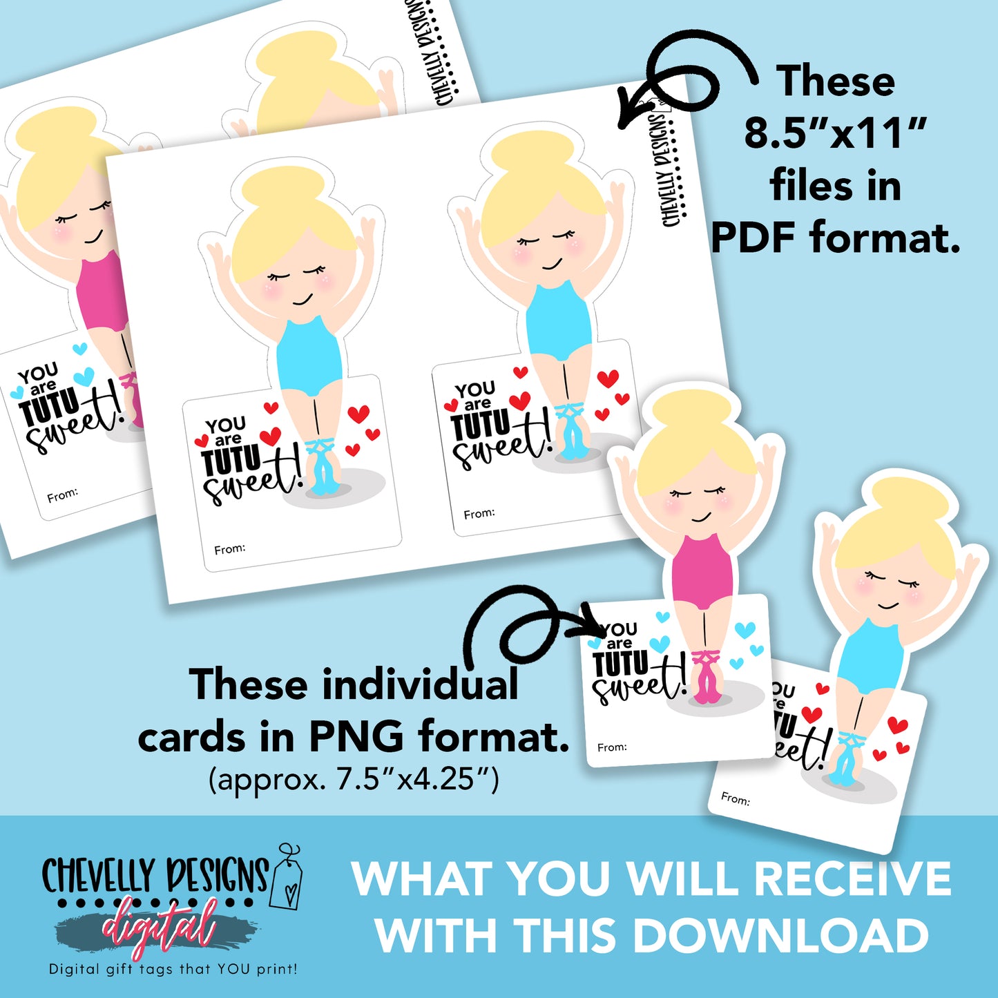 Printable Ballet Scrunchie Cards - Dancing With You is Tutu Fun - Blonde Haired Ballerina