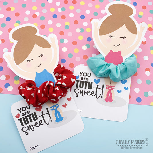 Printable Ballet Scrunchie Cards - Dancing With You is Tutu Fun - Brown Haired Ballerina