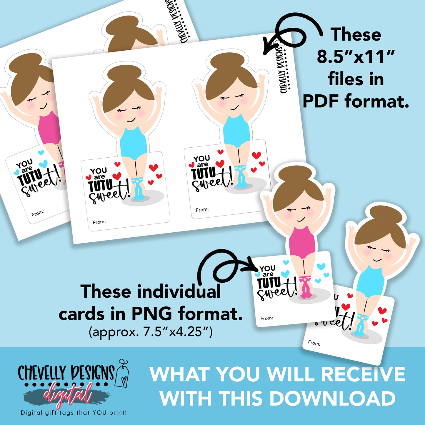 Printable Ballet Scrunchie Cards - Dancing With You is Tutu Fun - Brown Haired Ballerina