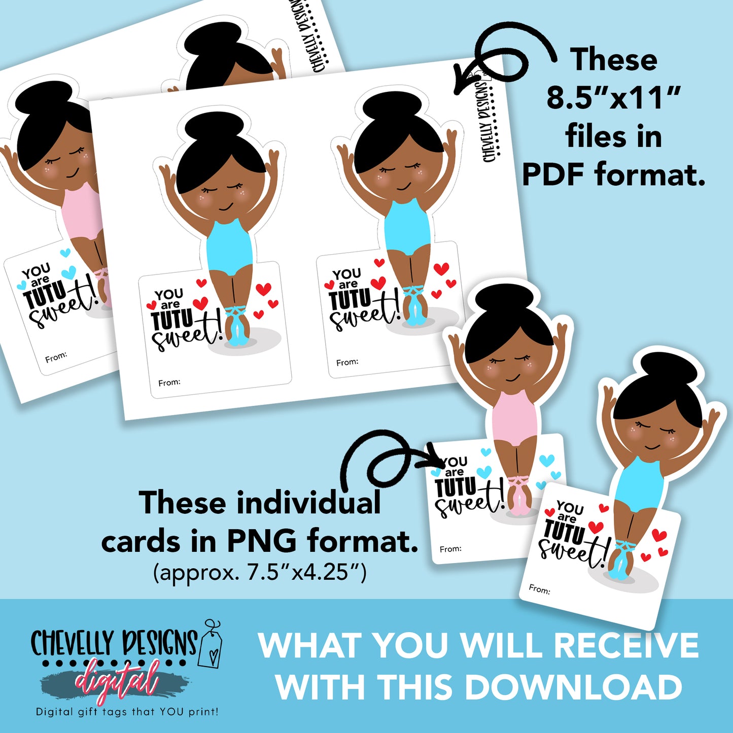 Printable Ballet Scrunchie Cards - Dancing With You is Tutu Fun - Brown Skin Ballerina